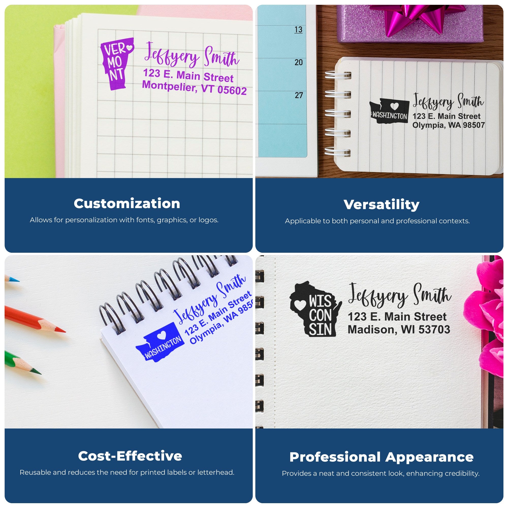 Four personalized address stamps on notebooks, showcasing customization, versatility, cost-effectiveness, and professional appearance. Highlighted: Minnesota State Love Personalized Address Stamp.