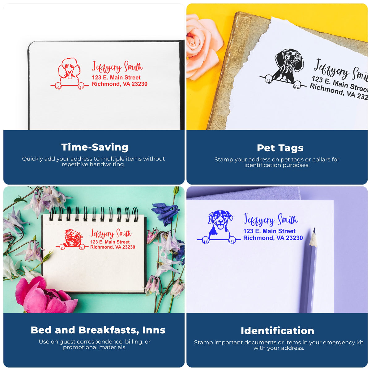 Collage of custom address stamp and seal products in red, black, blue, and purple with dog logos on paper, notebook, and envelope.