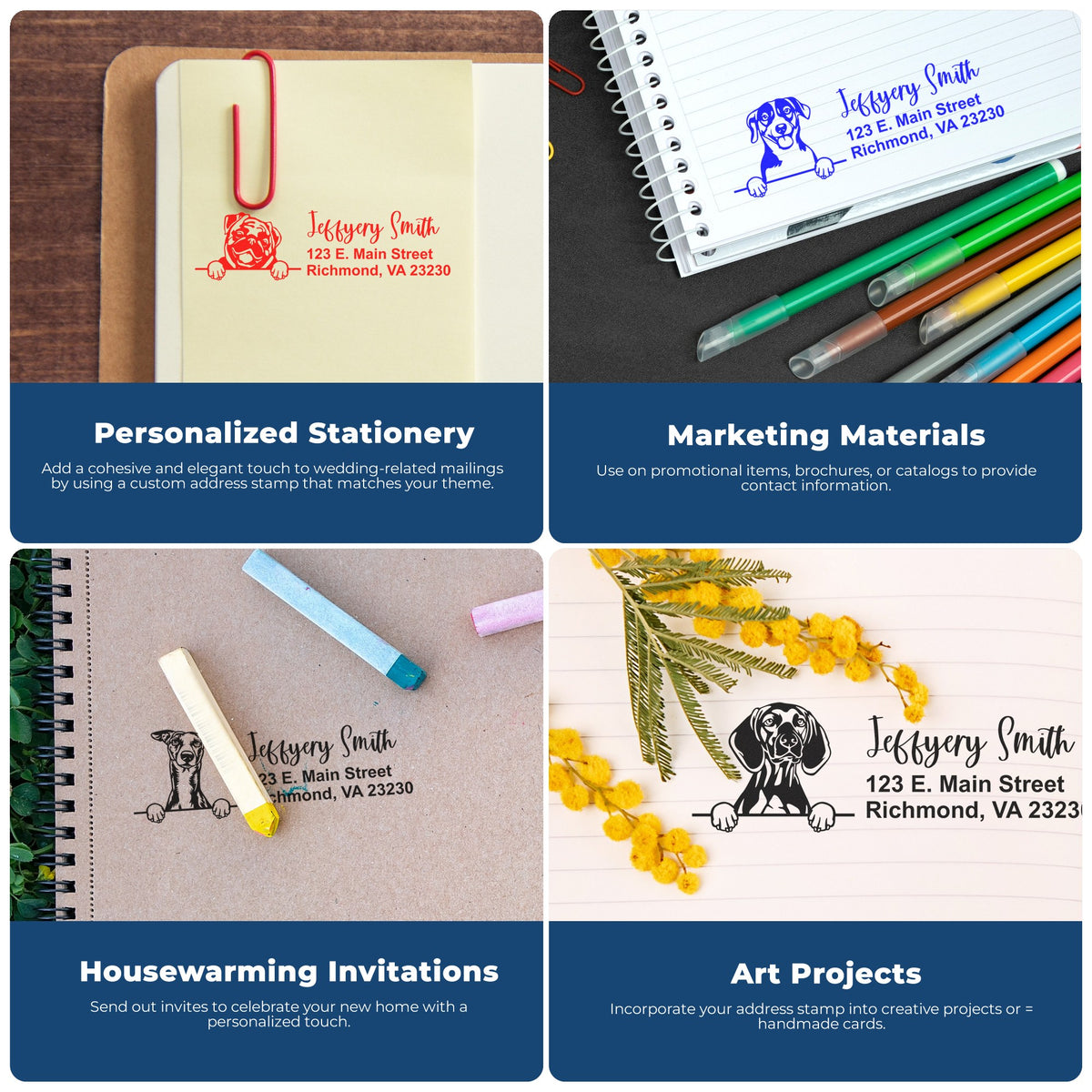Collage of personalized address stamps and seals in red, blue, and black on stationery, notebooks, and invitations with dog designs.