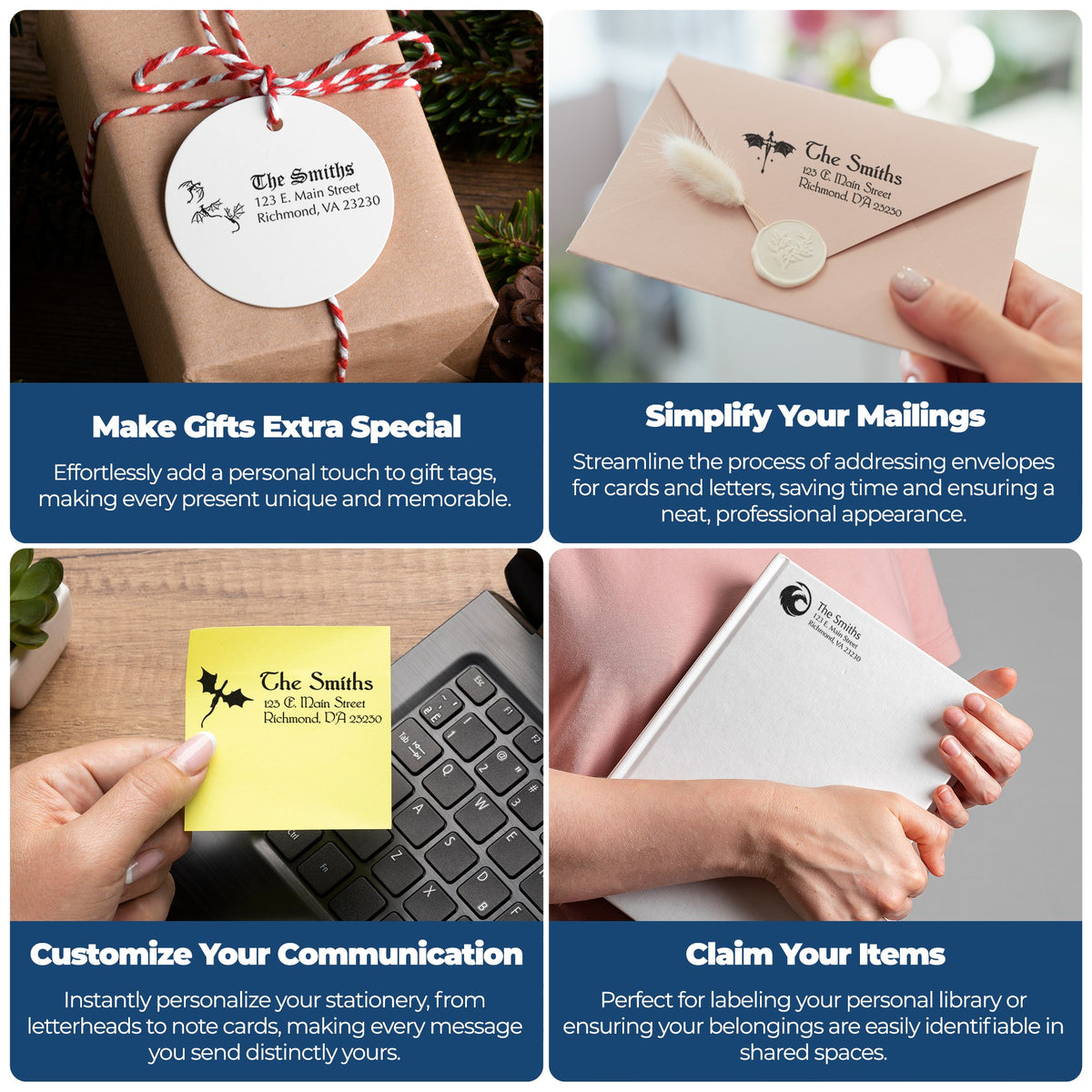 Custom stamp and wax seal products on gift tags, envelopes, notes, and stationery in brown, pink, yellow, and white.