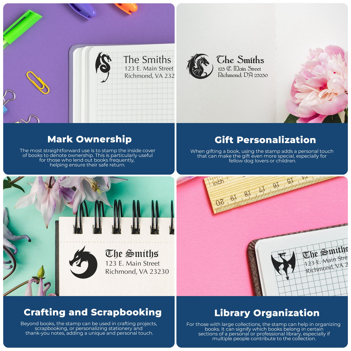 Colorful collage of custom dragon stamp and seal products on notebooks and stationery, with purple, pink, teal and blue accents.