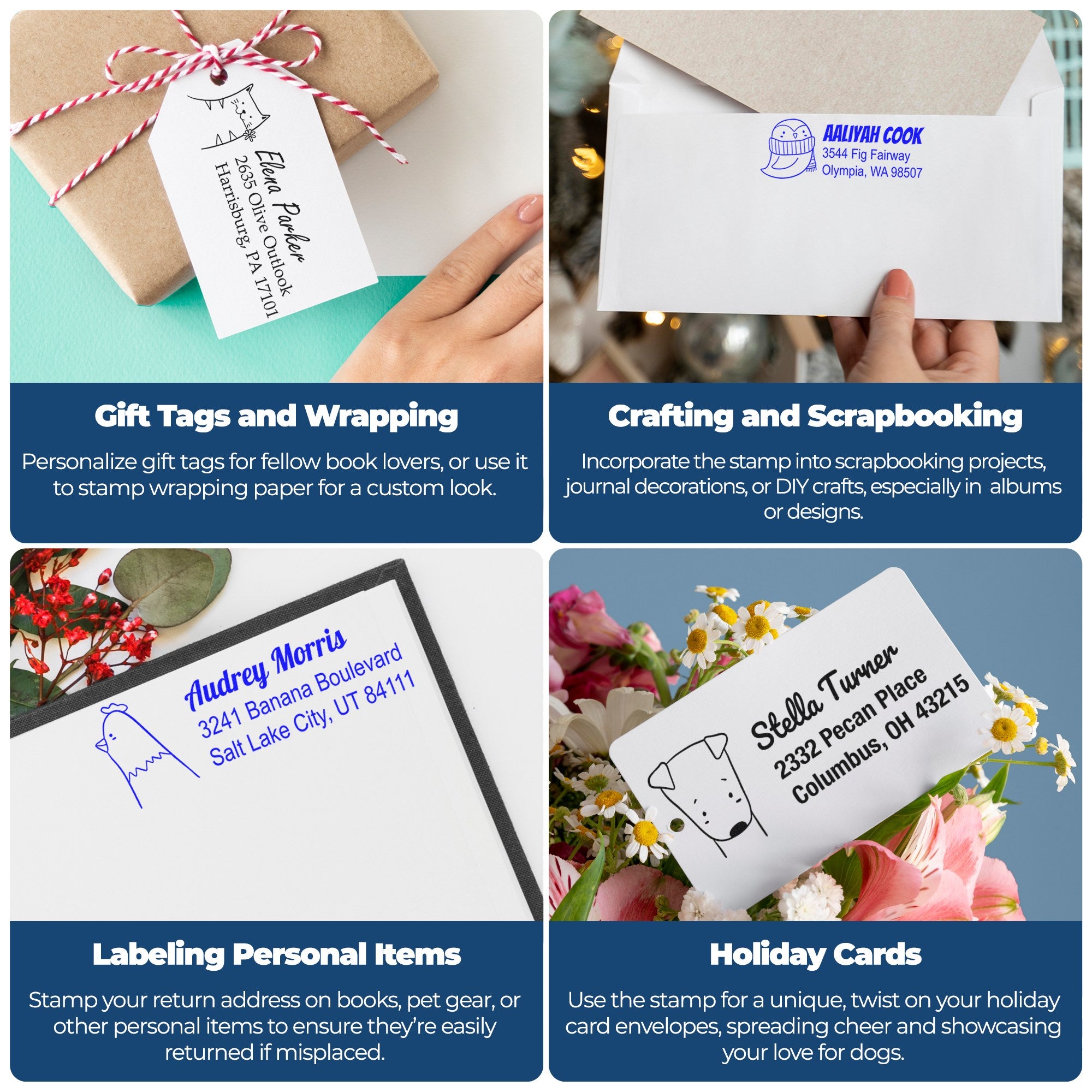 Image showing four uses of the Dashing Duck Customized Address Self-Inking Stamp. Top left: gift tags and wrapping. Top right: crafting and scrapbooking. Bottom left: labeling personal items. Bottom right: holiday cards. Ideal for a customized mailing stamper.