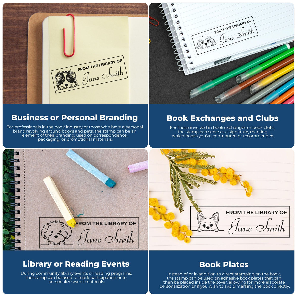 Custom black library book stamps and book plates on notebooks and journals, with colorful pens and floral accents.