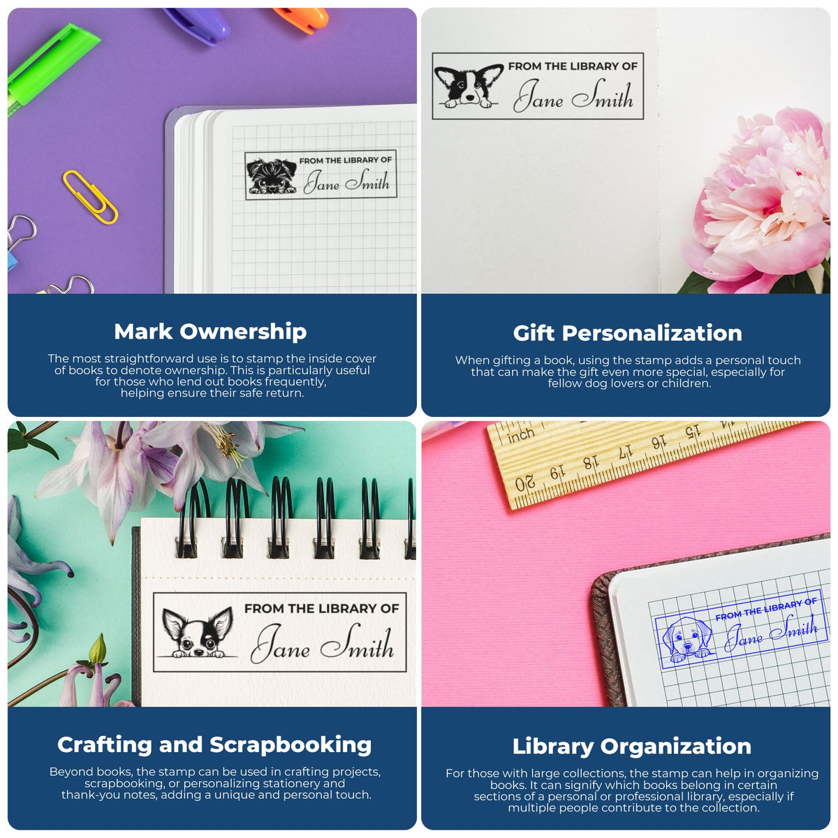 Custom library stamp and seal products on purple, pink, teal, and white backgrounds with pet icons for ownership and personalization.
