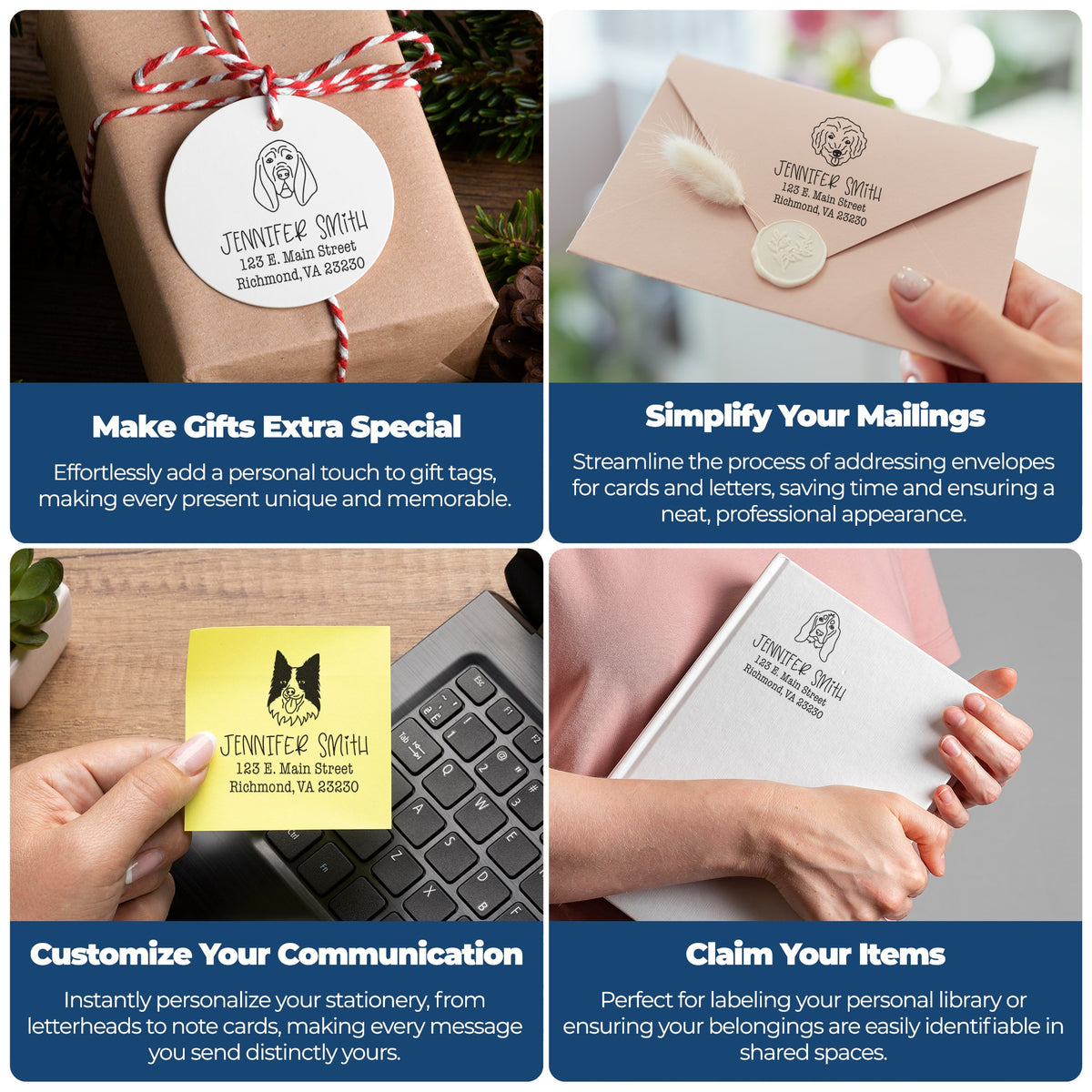 Custom pet stamp and wax seal products on kraft gift tag, blush envelope, yellow note, and white book with personalized addresses.