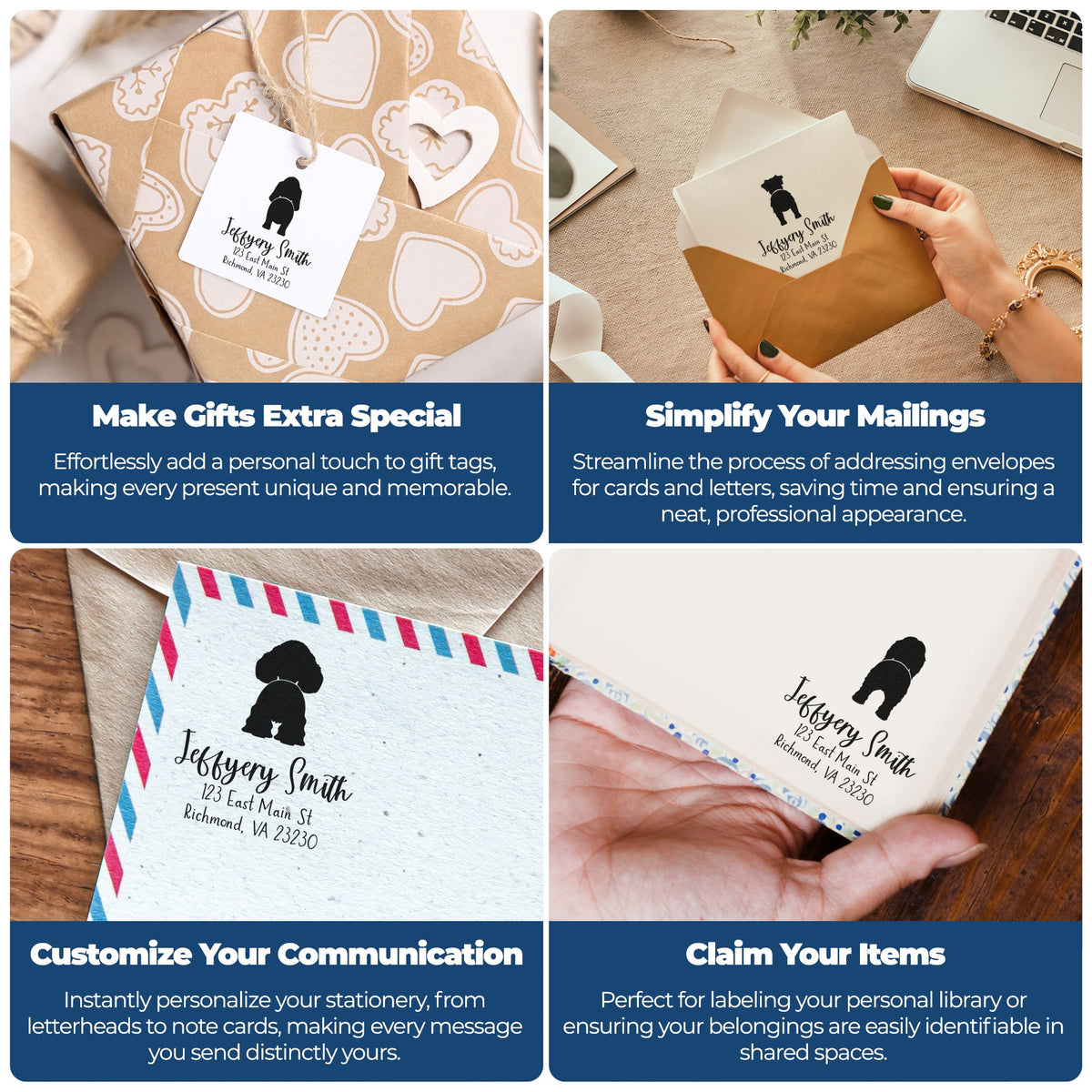 Custom black stamp and seal designs on kraft gift tags and envelopes with white, tan, and blue accents.