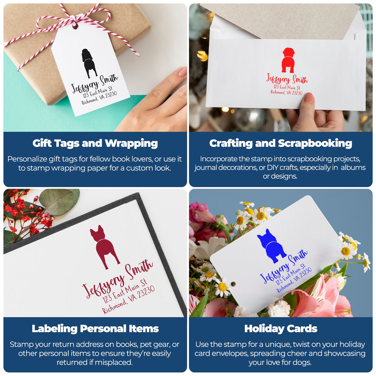 Collage of personalized dog silhouette return-address stamps and seals in black, red, and blue on gift tags, envelopes, and cards.