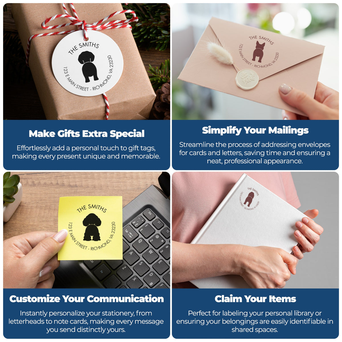 Custom stamp and wax seal products on gift tags, envelopes, sticky notes, and a notebook in white, pink, and yellow.