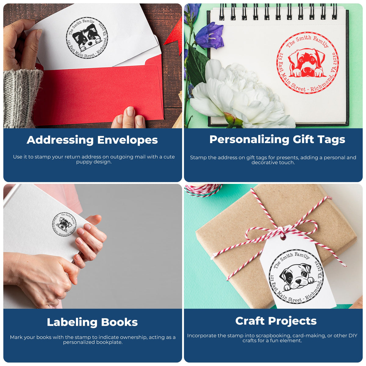 Custom dog-themed address stamps on white envelopes, gift tags, books, and kraft packages in black and red.