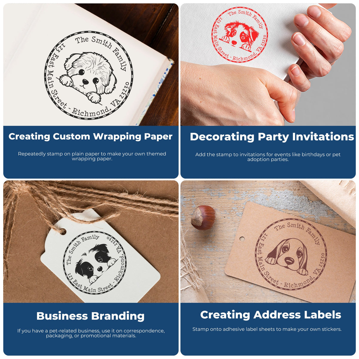 Custom pet-themed stamp and seal products in black, red, and brown on paper, invitations, tags, and packaging.
