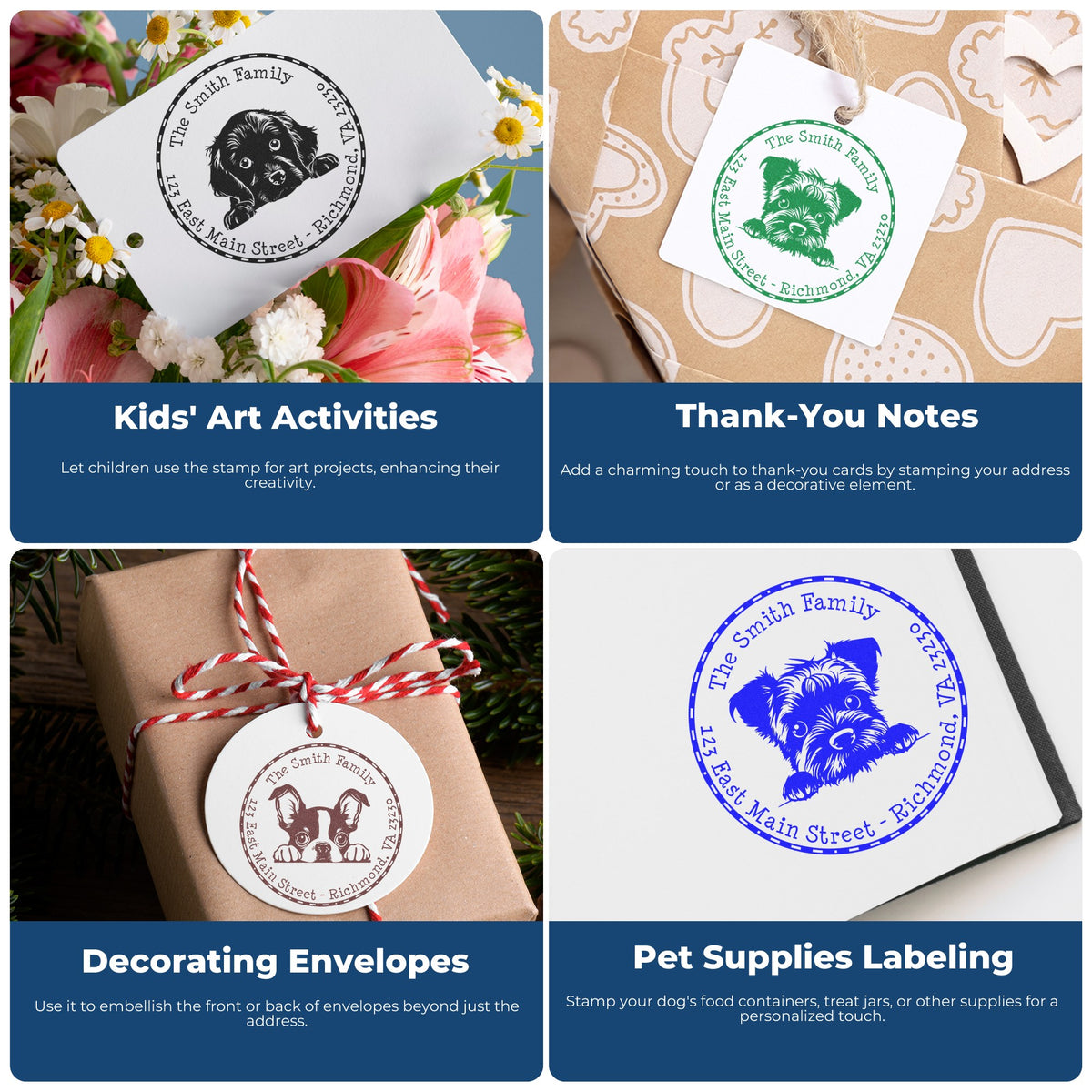 Personalized dog stamp and seal designs in black, green, brown, and blue on cards, gifts, envelopes, and pet supplies