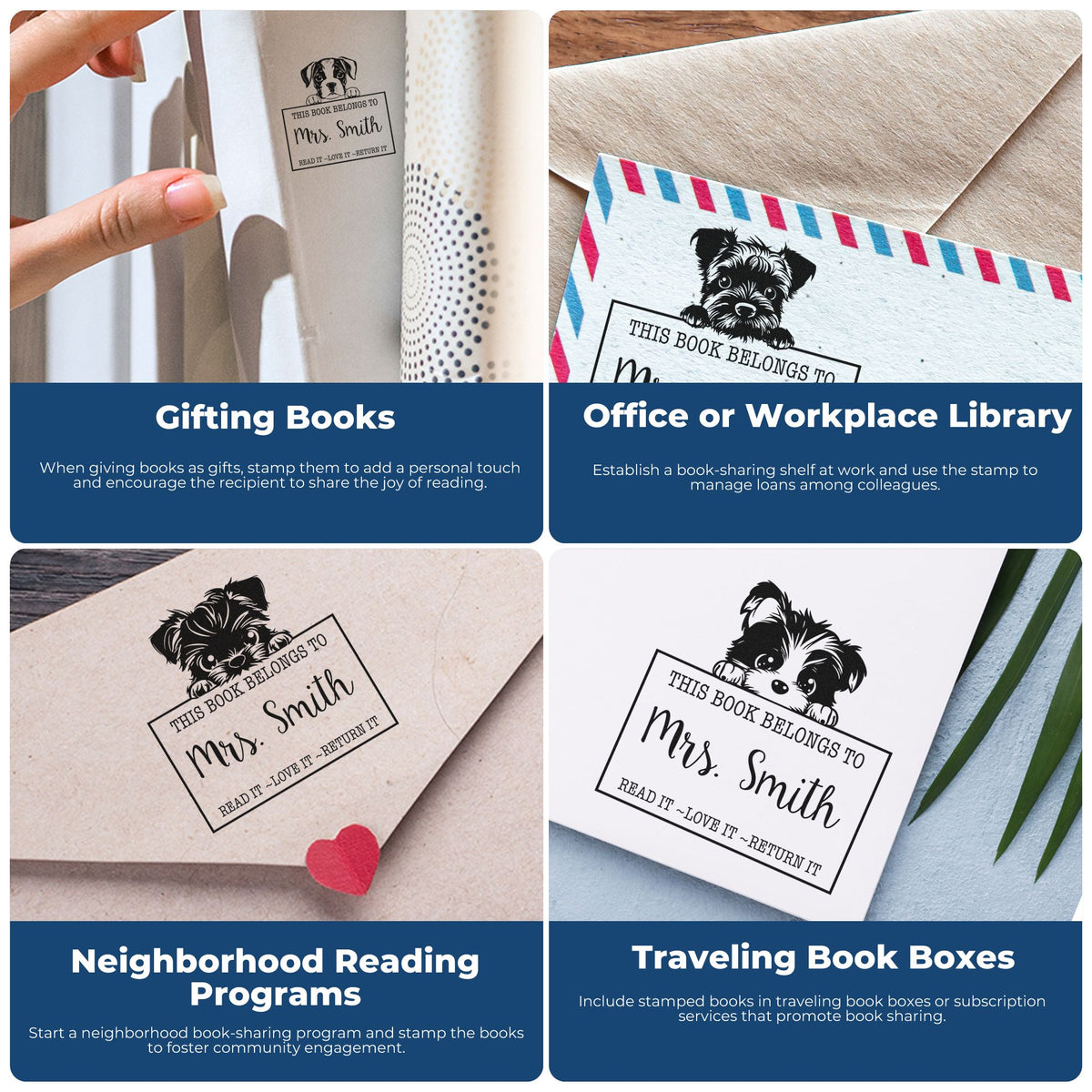 Custom book ownership stamps on books and envelopes, with a black dog seal design and pink, blue, beige, and white accents.