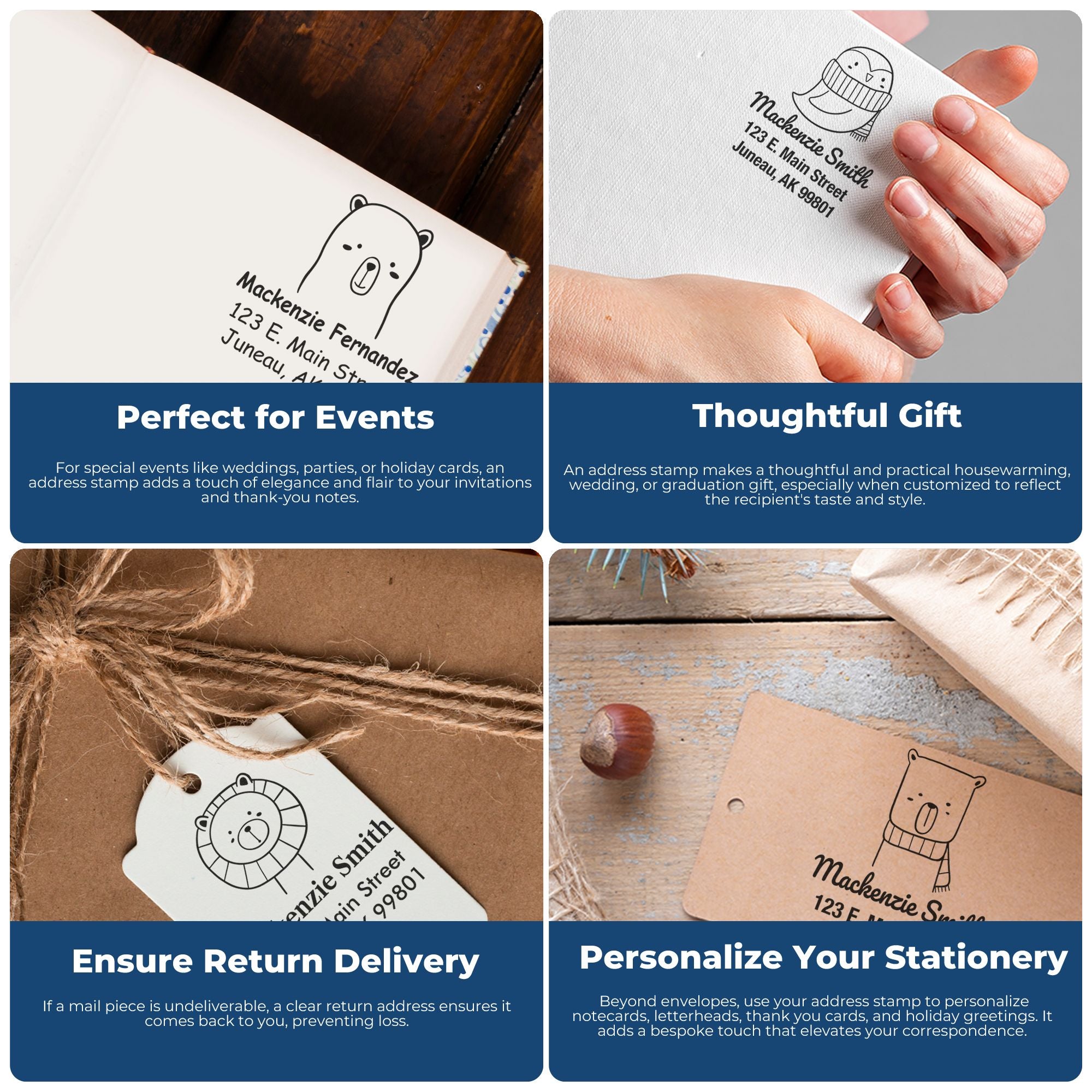 Wood Handle Wacky Walrus Cartoon Animal Made To Order Home Address Stamp shown in use on various stationery items. The Custom Address Stamper features a playful walrus design, perfect for personalizing envelopes, gift tags, and more.