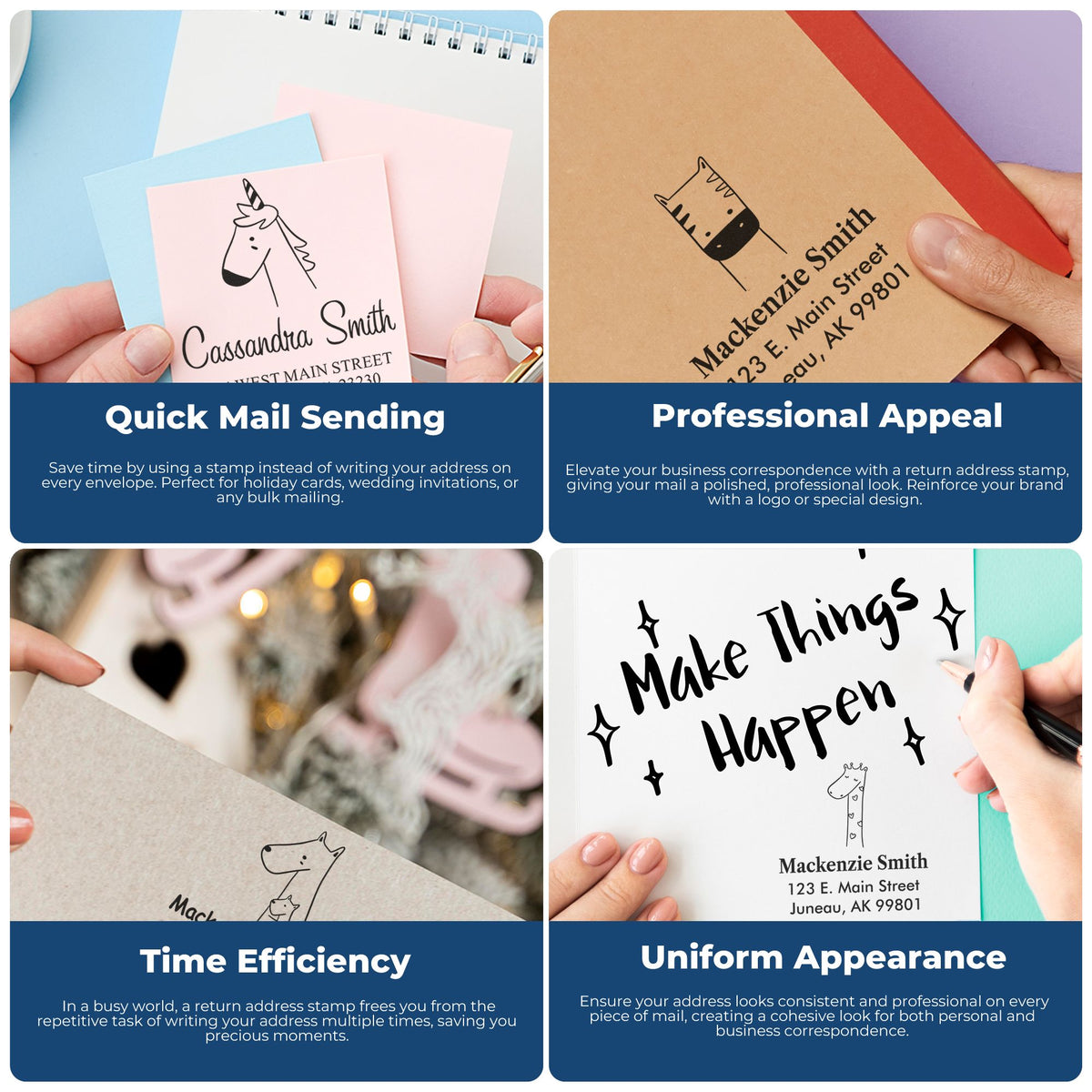 Image showing four panels demonstrating the use of Snuggly Kangaroos Pre-Inked Customized Address Stamp. The Custom-Made Address Stamper is used on envelopes, enhancing mail with professional appeal, time efficiency, and uniform appearance.