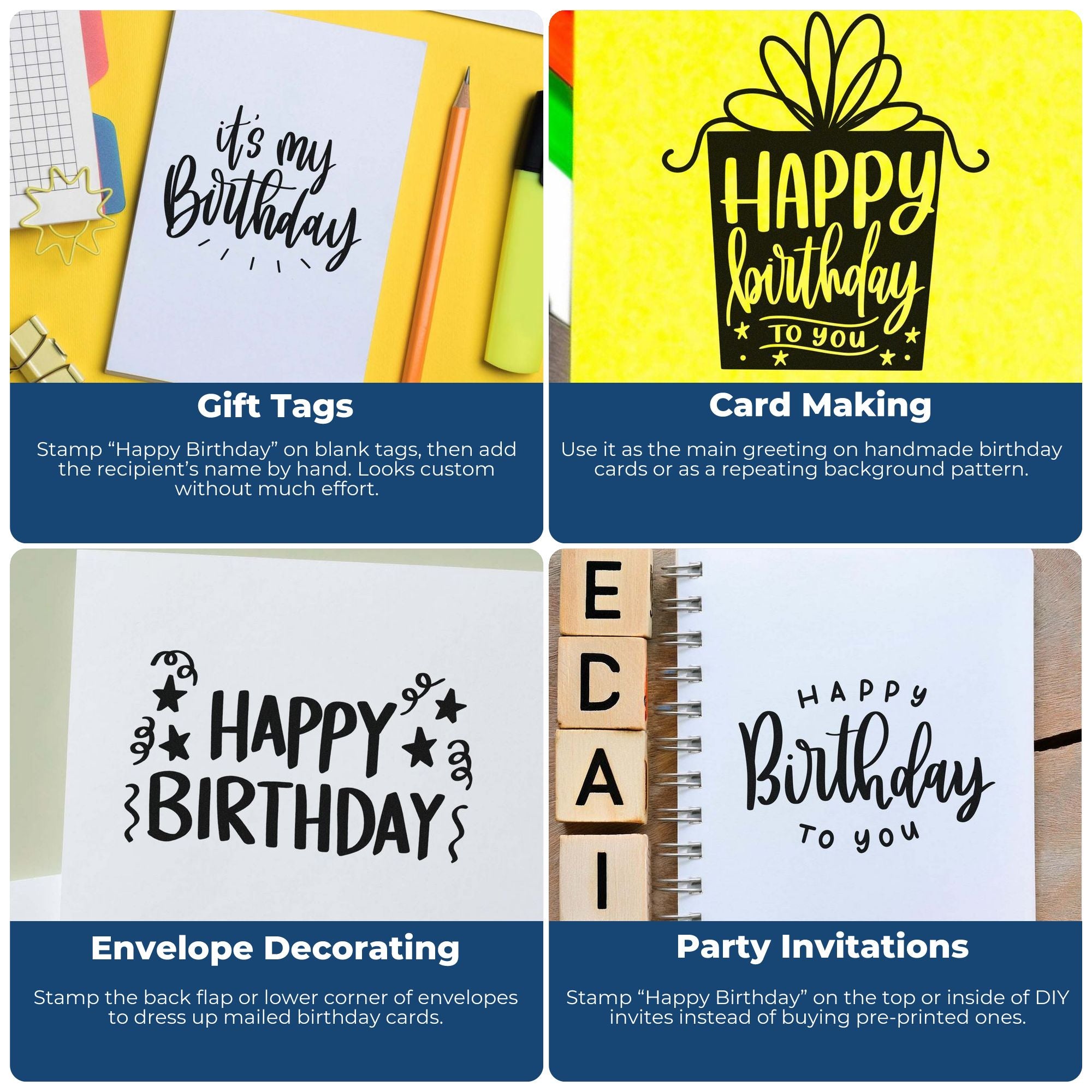 Birthday stamp and seal designs in black on white and yellow cards, gift tags, envelopes, and DIY invitations.