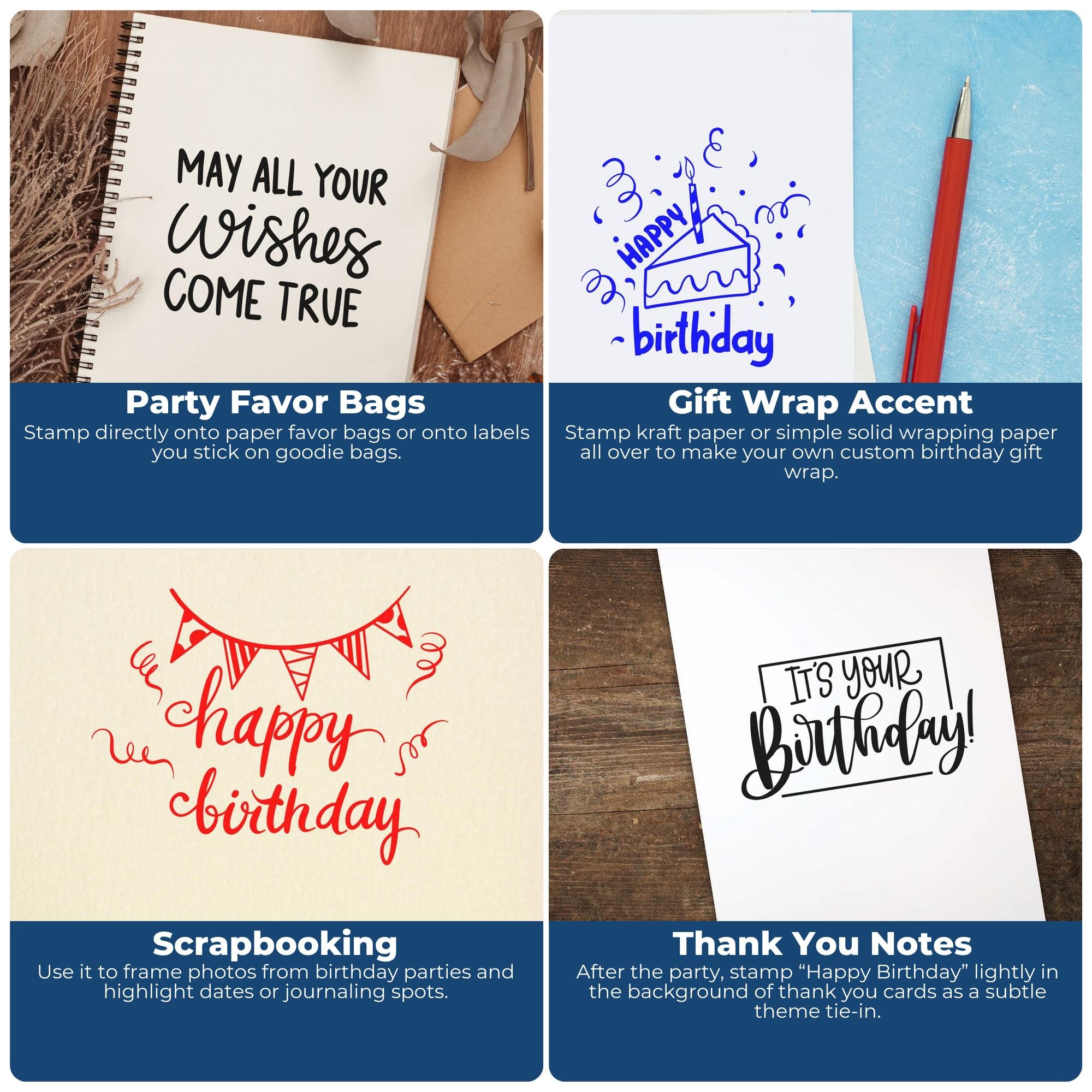Birthday stamp and seal products in black, blue, and red on paper bags, gift wrap, scrapbook pages, and thank-you notes.