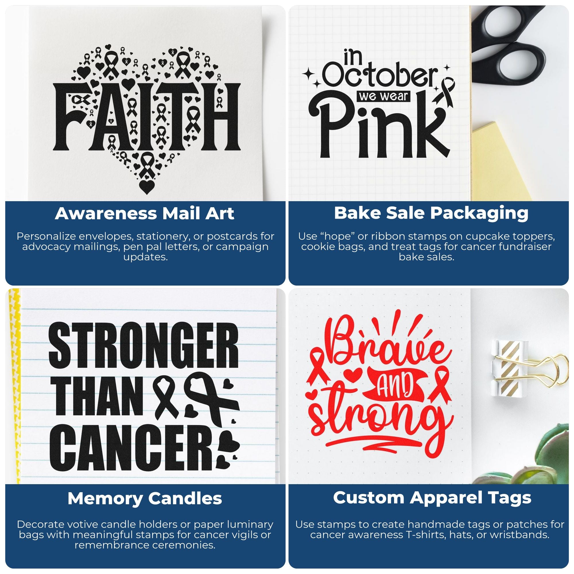 Stamp and seal designs with black and red cancer awareness words, ribbons, hearts, and custom packaging uses
