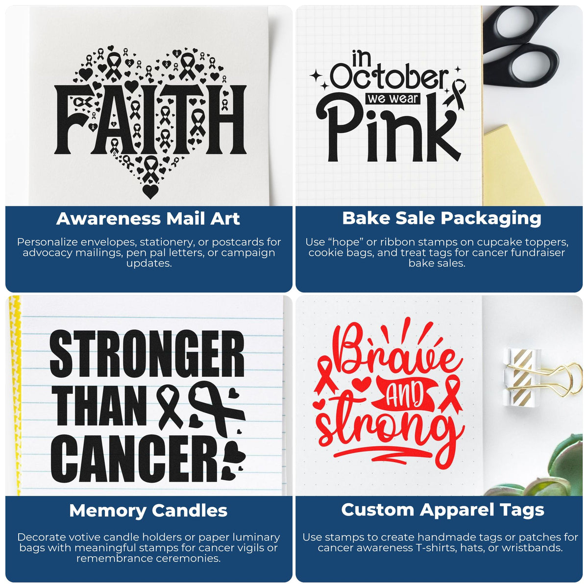 Collage of cancer awareness stamp and seal designs in black and red, with ribbon hearts and bold lettering on notebook pages.