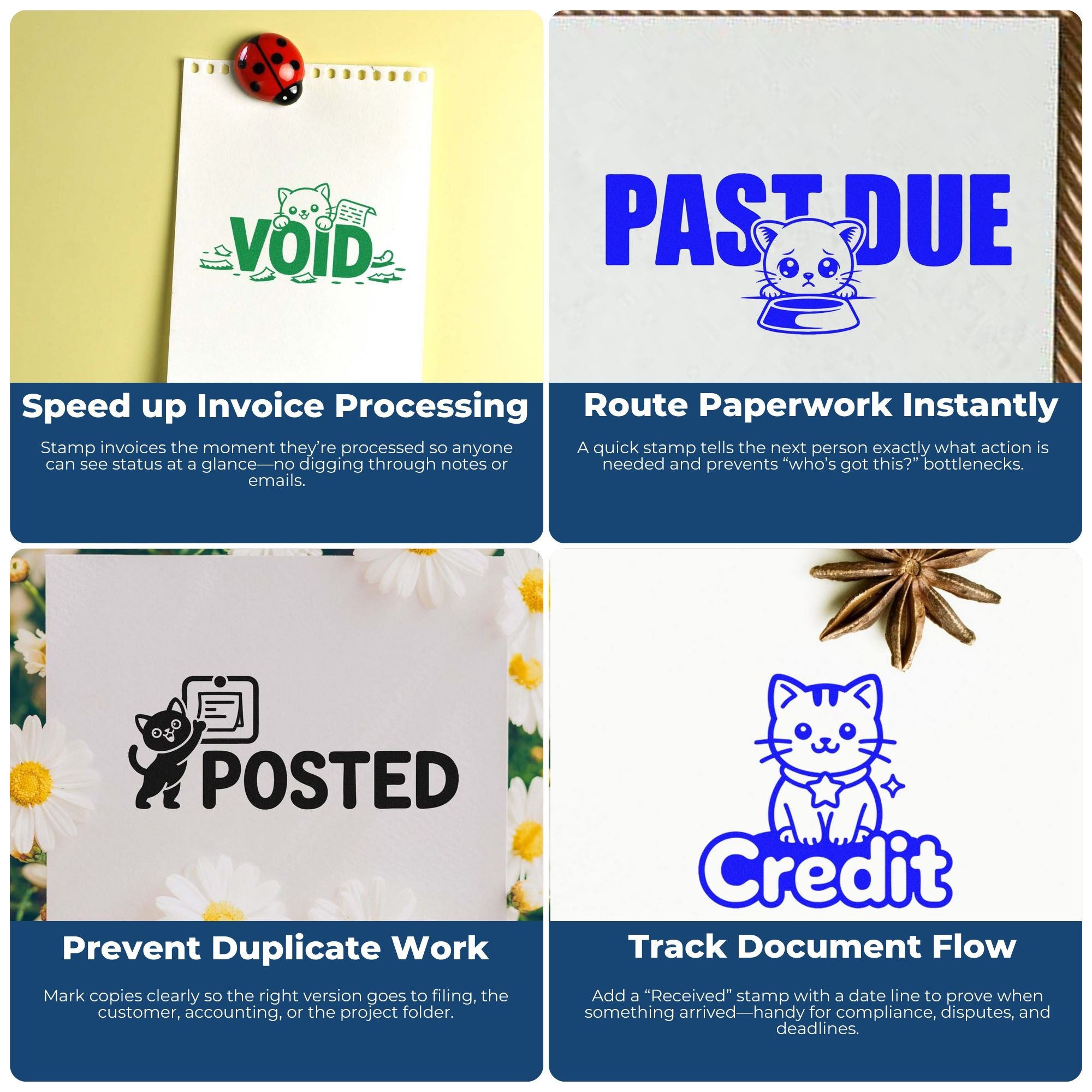 Office stamp and seal product collage with green Void, blue Past Due and Credit, and black Posted cat stamps on paper.