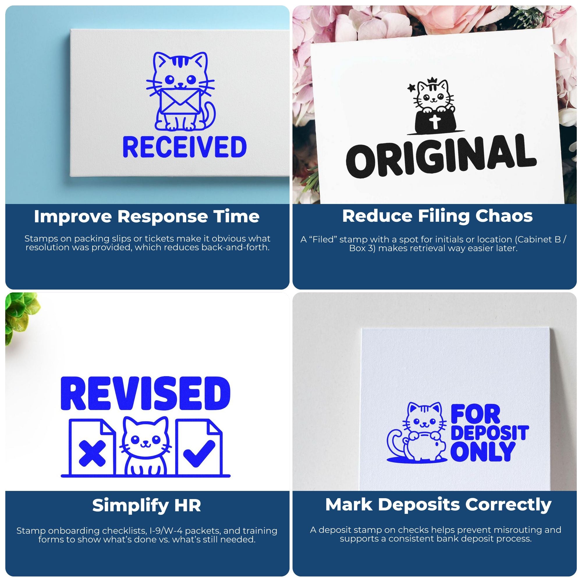 Cat-themed blue and black stamp and seal products on white paper: Received, Original, Revised, and For Deposit Only.