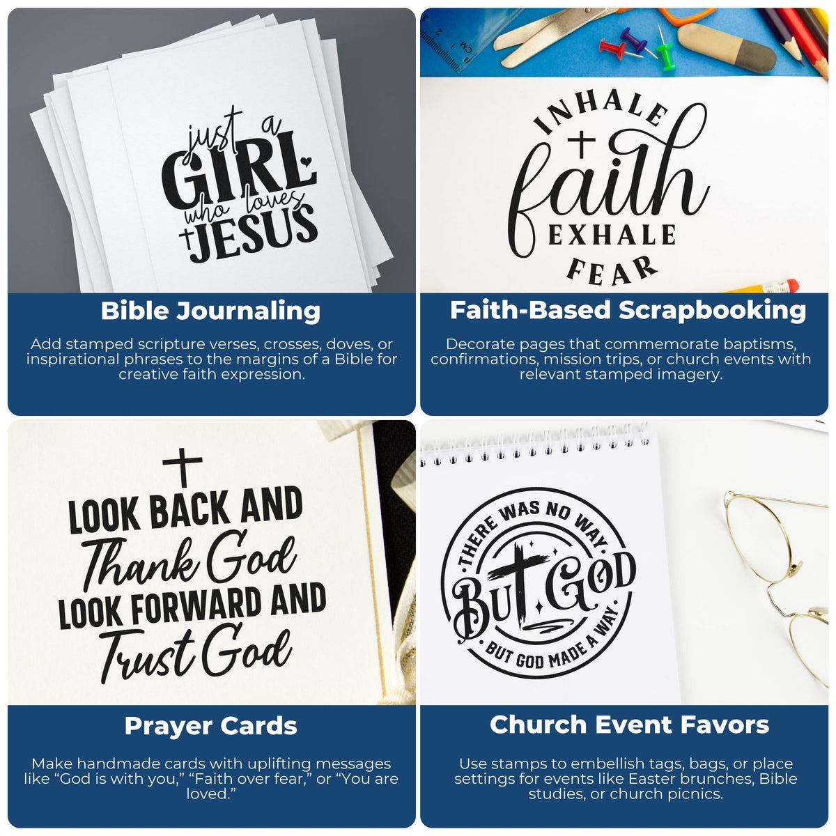 Collage of black faith-based stamp and seal designs on white paper for Bible journaling, prayer cards, and church events.