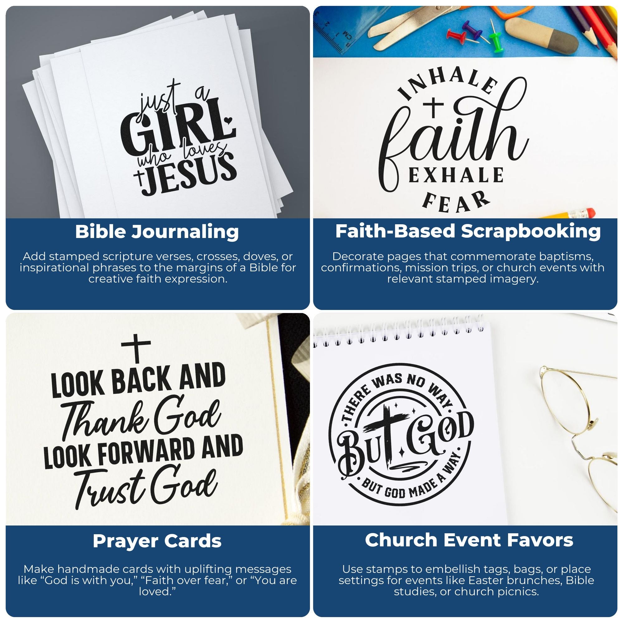 Black Christian stamp and seal designs on white cards with blue panels, showing Bible verses for journaling, scrapbooking, and prayer cards.