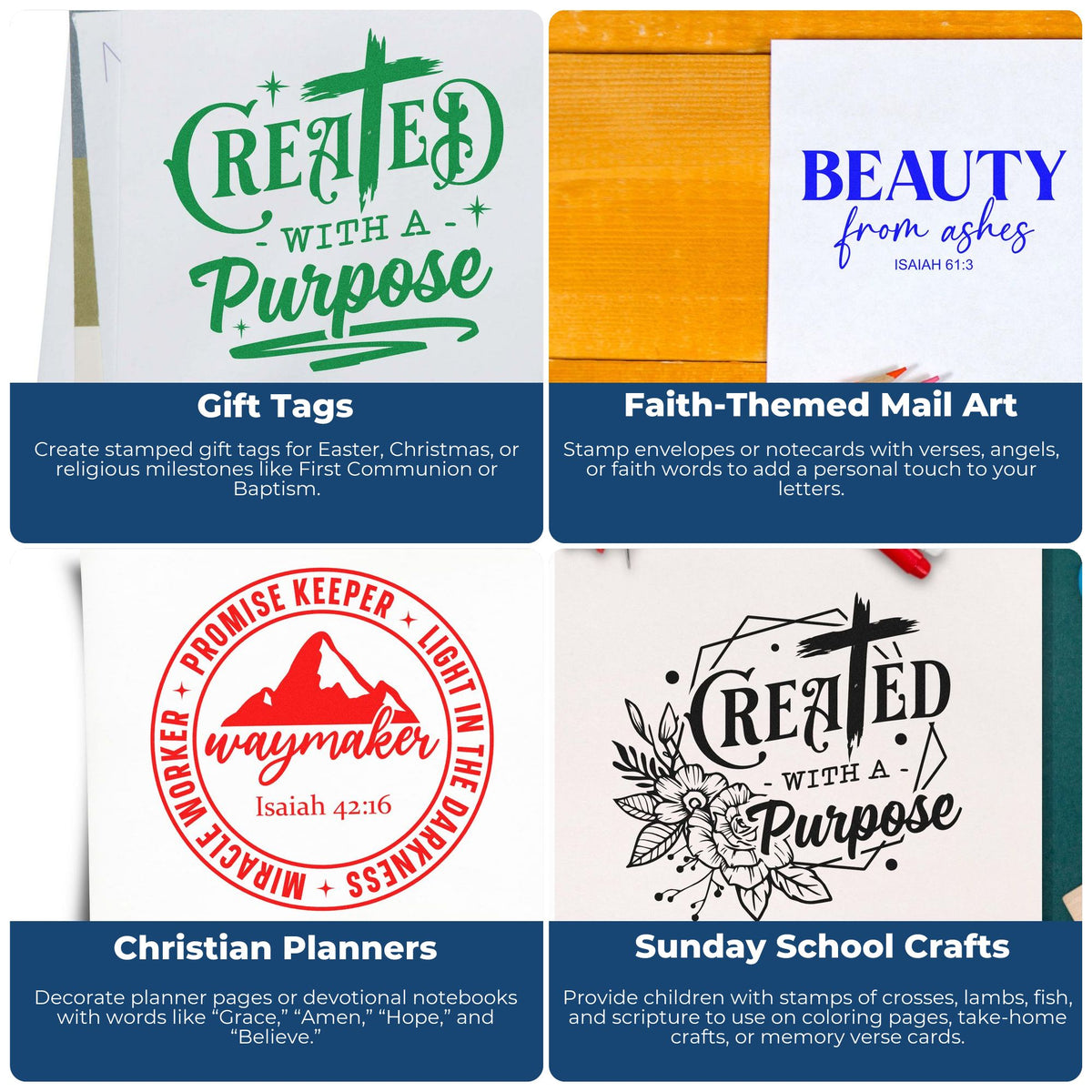 Collage of Christian stamp and seal designs in green, blue, red, and black for gift tags, mail art, planners, and crafts.