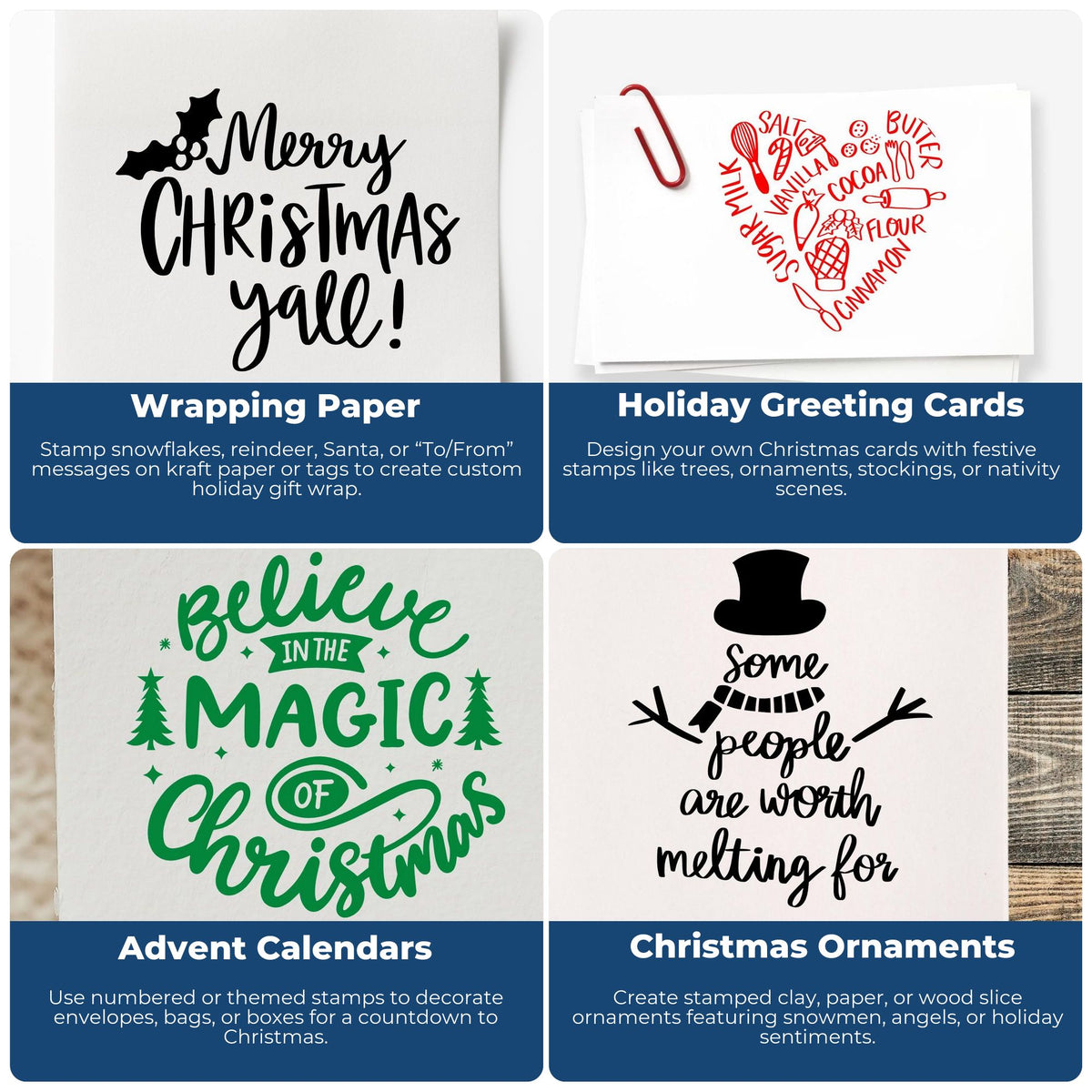 Christmas stamp and seal products collage with black, red, and green holiday designs for wrapping paper, cards, advent calendars, and ornaments.