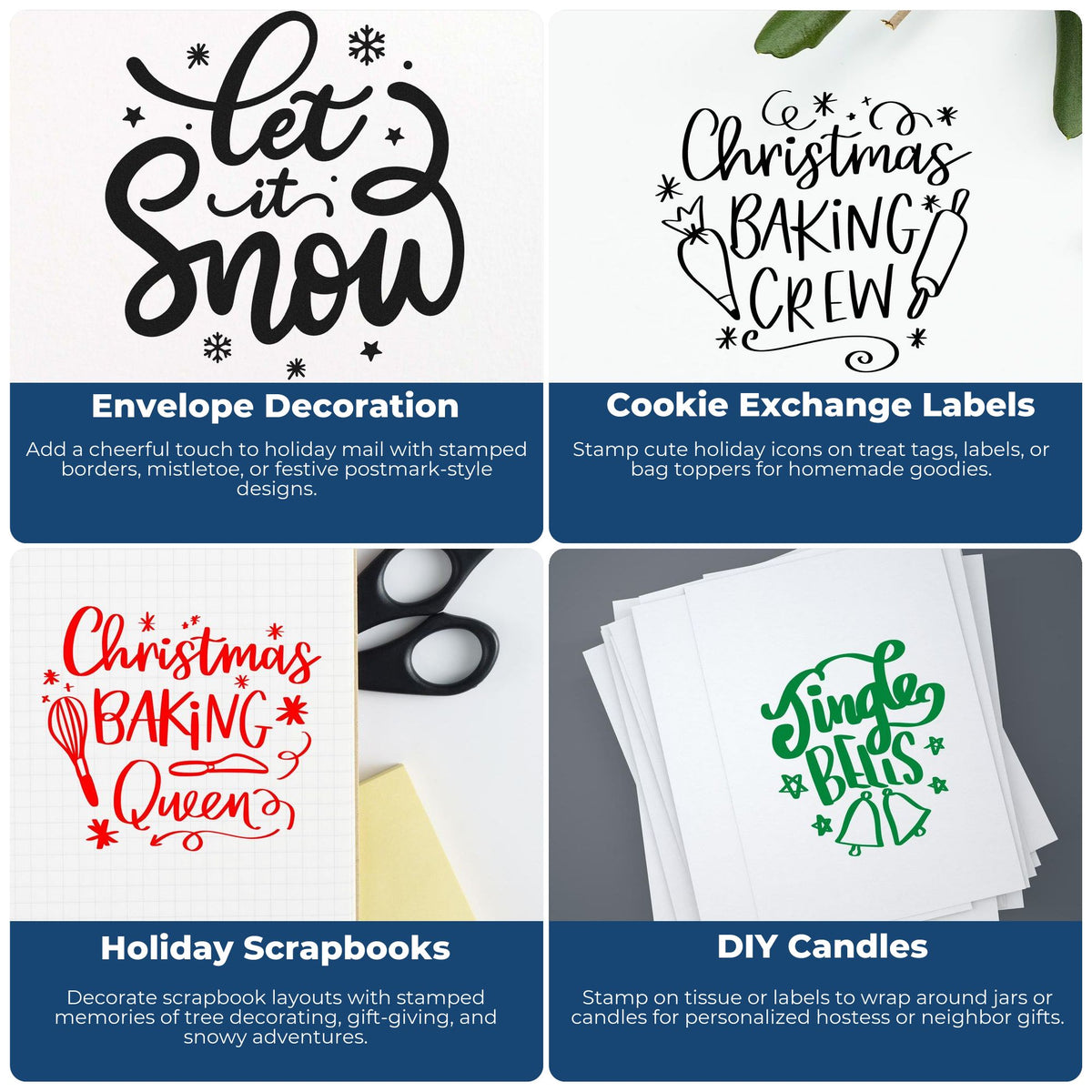 Holiday stamp and seal designs with black, red, and green Christmas lettering for envelopes, labels, scrapbooks, and candles.