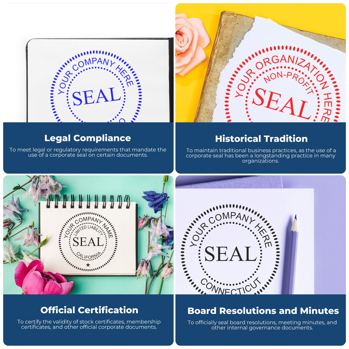 Trodat Standard Desk Business Stamp and Corporate Seal bundle in use, showing detailed stamps and seal on a desk.