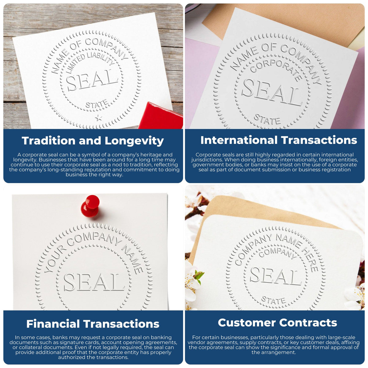 Collage of white corporate seal stamp impressions on paper, with red stamp and blue text panels about business transactions.