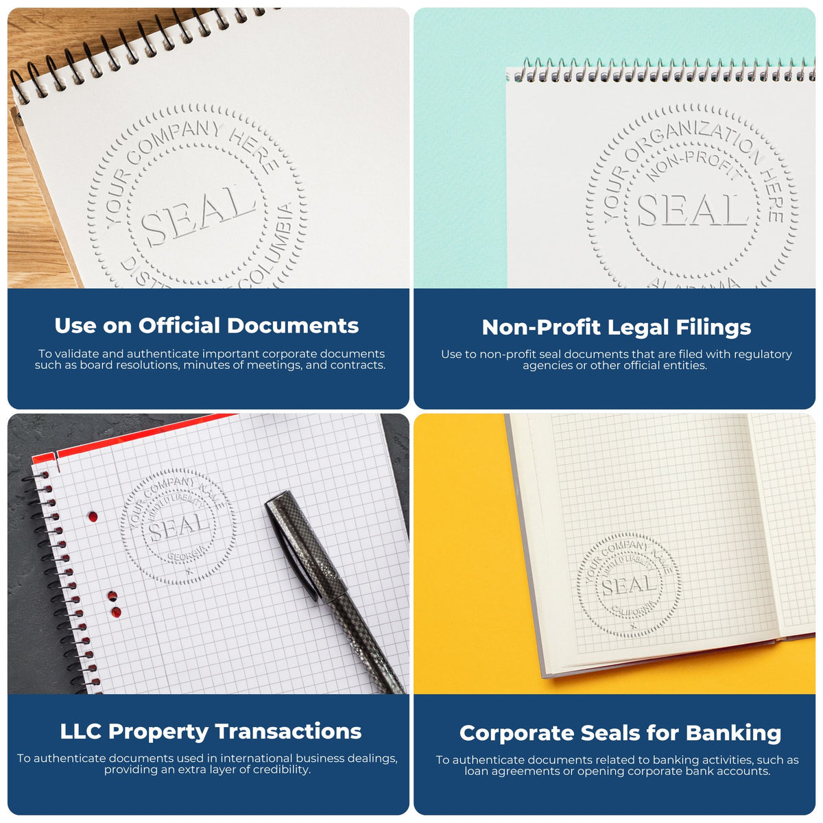Corporate stamp and seal products on spiral notebooks, with gray embossed seals on white pages against blue, teal, yellow, and wood backgrounds.