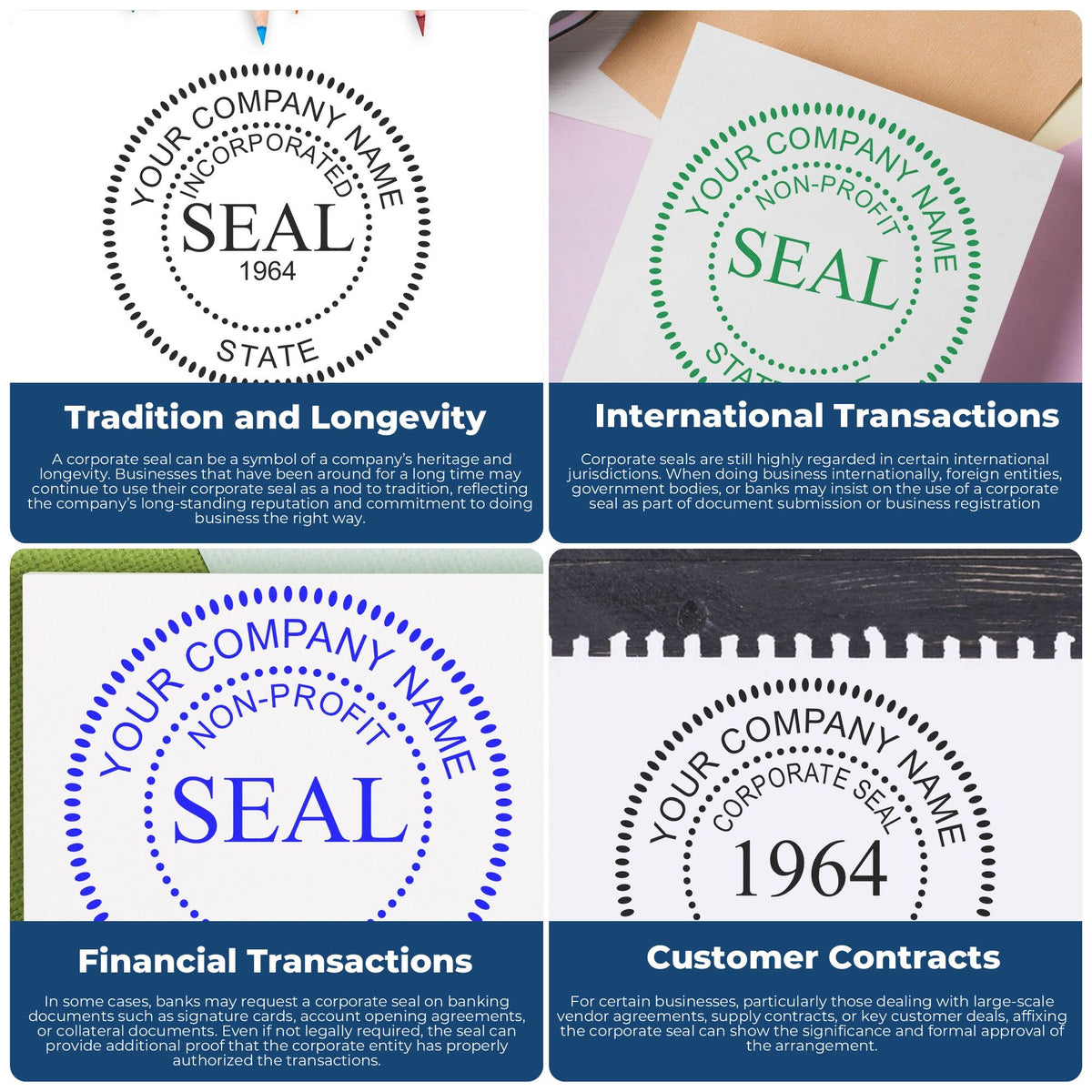 Corporate stamp and seal designs in black, green, and blue with circular company name, non-profit, and 1964 seal layouts.
