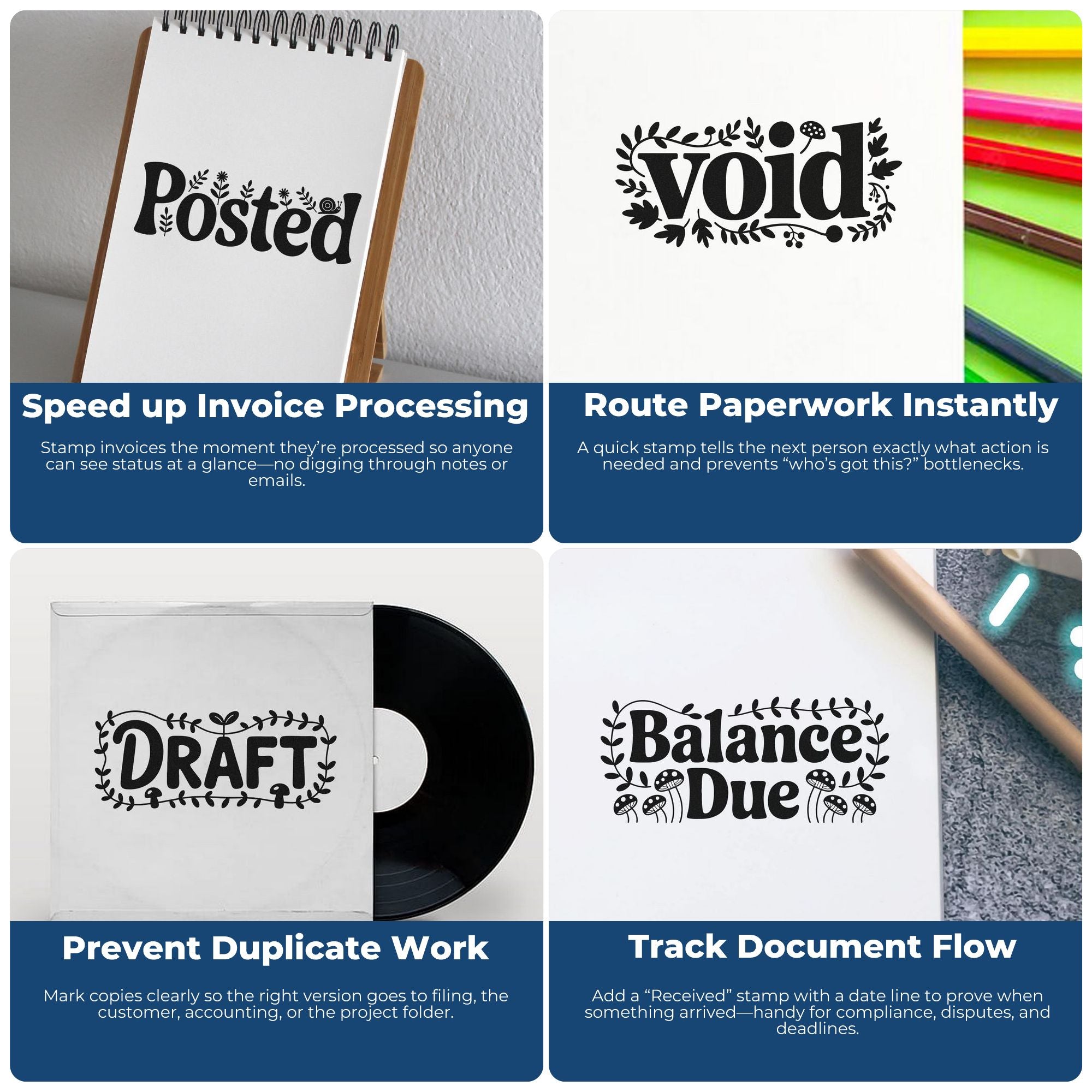 Custom black document stamps and seals on white paper, featuring Posted, Void, Draft, and Balance Due designs.