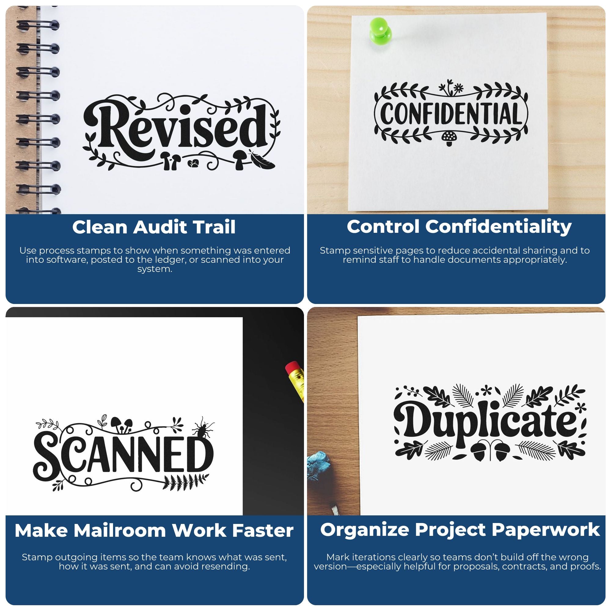 Black decorative document stamps and seals labeled Revised, Confidential, Scanned, and Duplicate on white paper with blue banners.