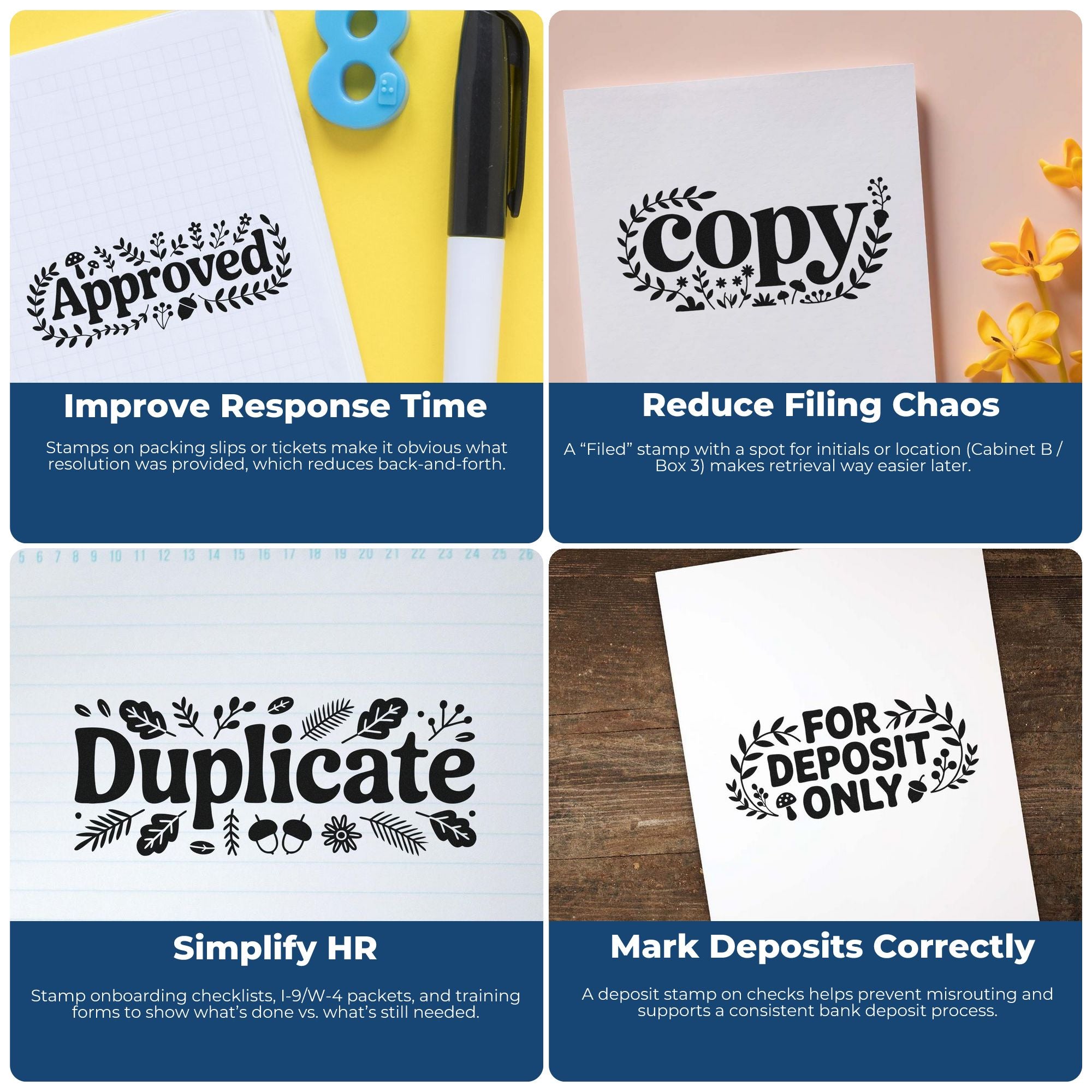 Black decorative stamp and seal products on yellow, beige, and wood backgrounds: Approved, Copy, Duplicate, and For Deposit Only.