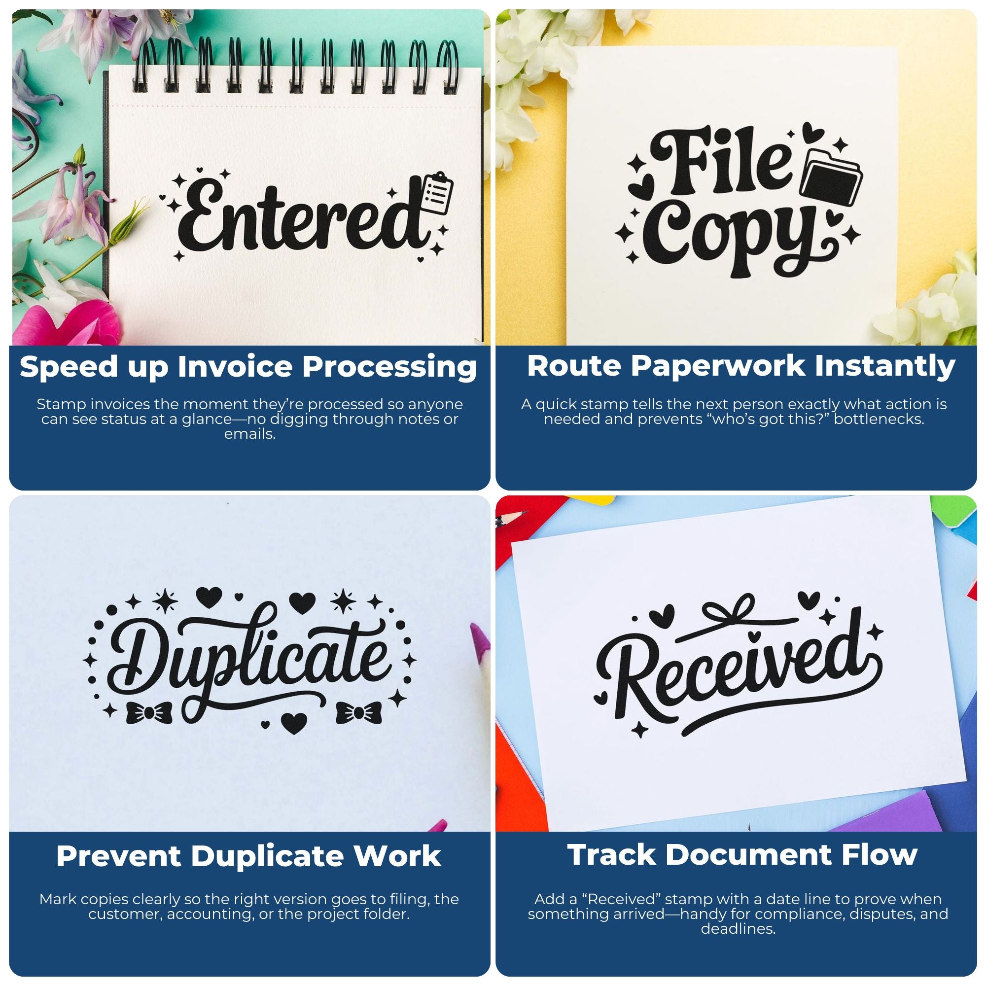 Colorful stamp and seal mockups with black Entered, File Copy, Duplicate, and Received on pastel paper backgrounds.