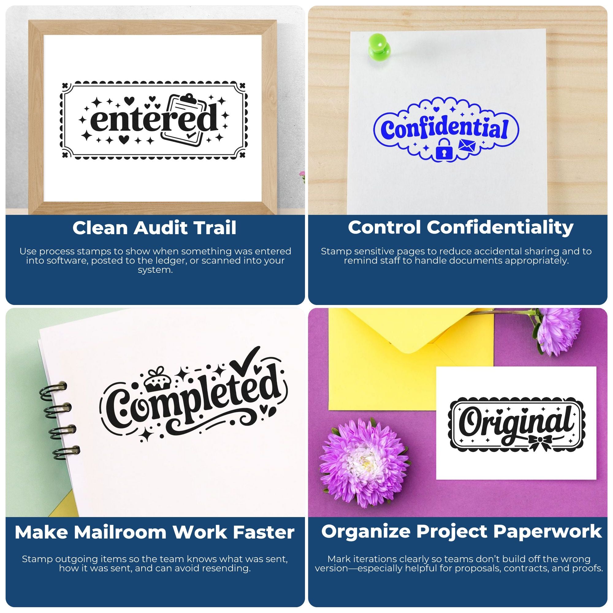 Collage of custom stamp and seal products: black Entered, blue Confidential, black Completed, and black Original marks on paper.