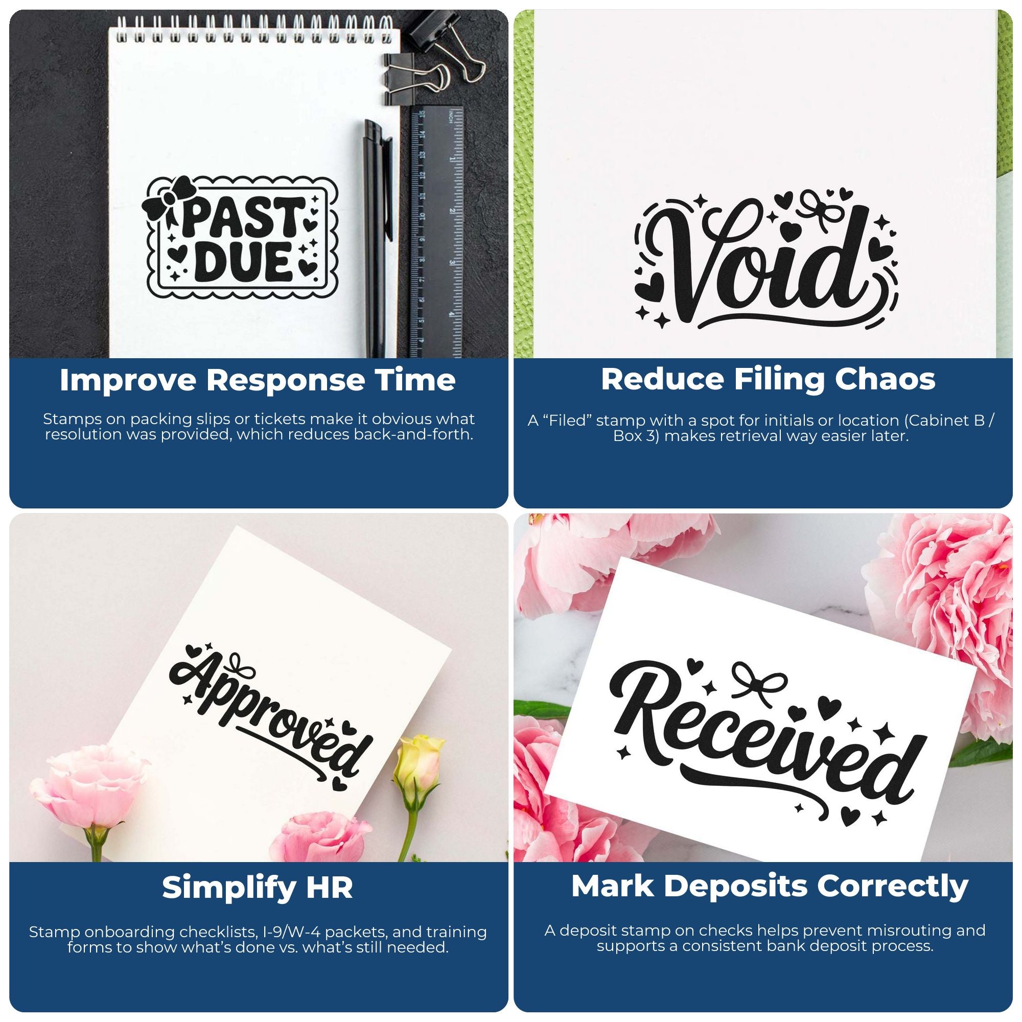 Black stamp and seal product designs for Past Due, Void, Approved, and Received on white cards with floral accents.
