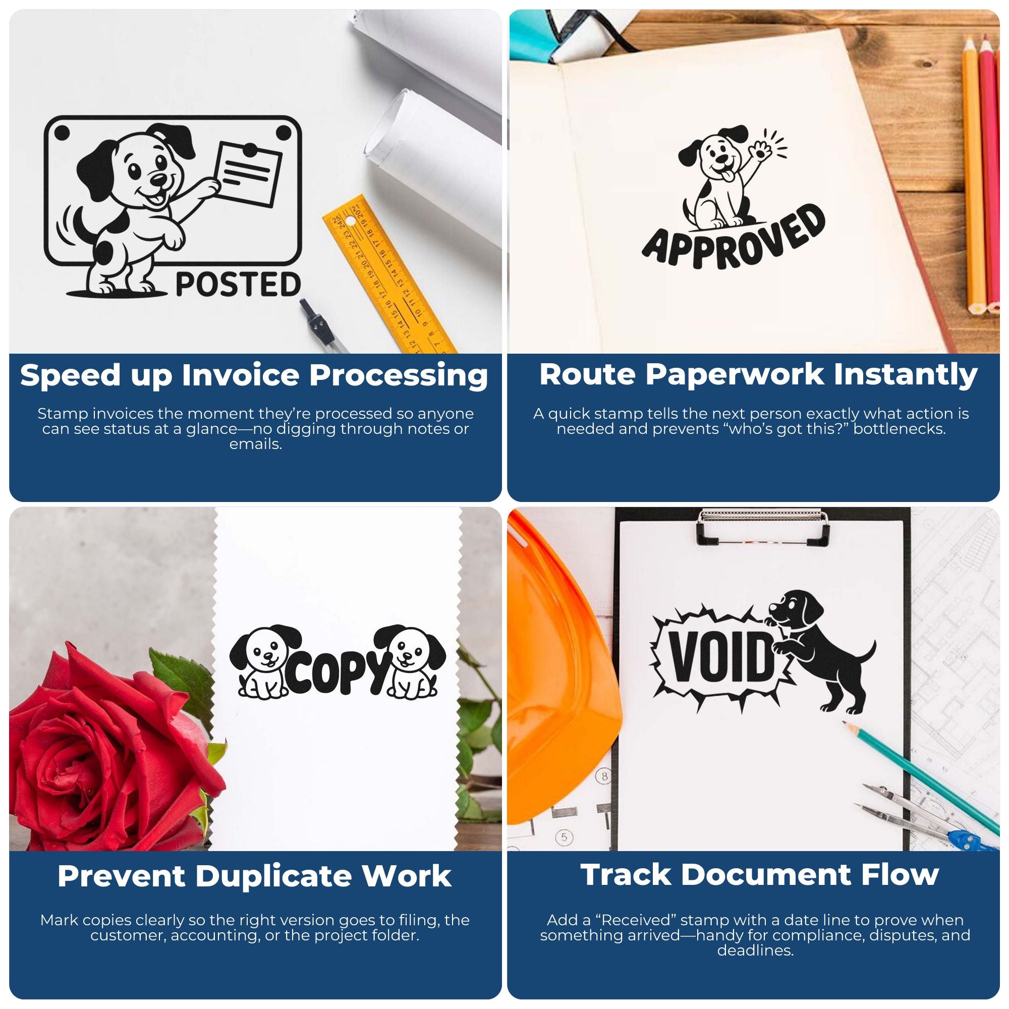 Collage of black dog-themed stamp and seal products on white paper: Posted, Approved, Copy, and Void document marks.