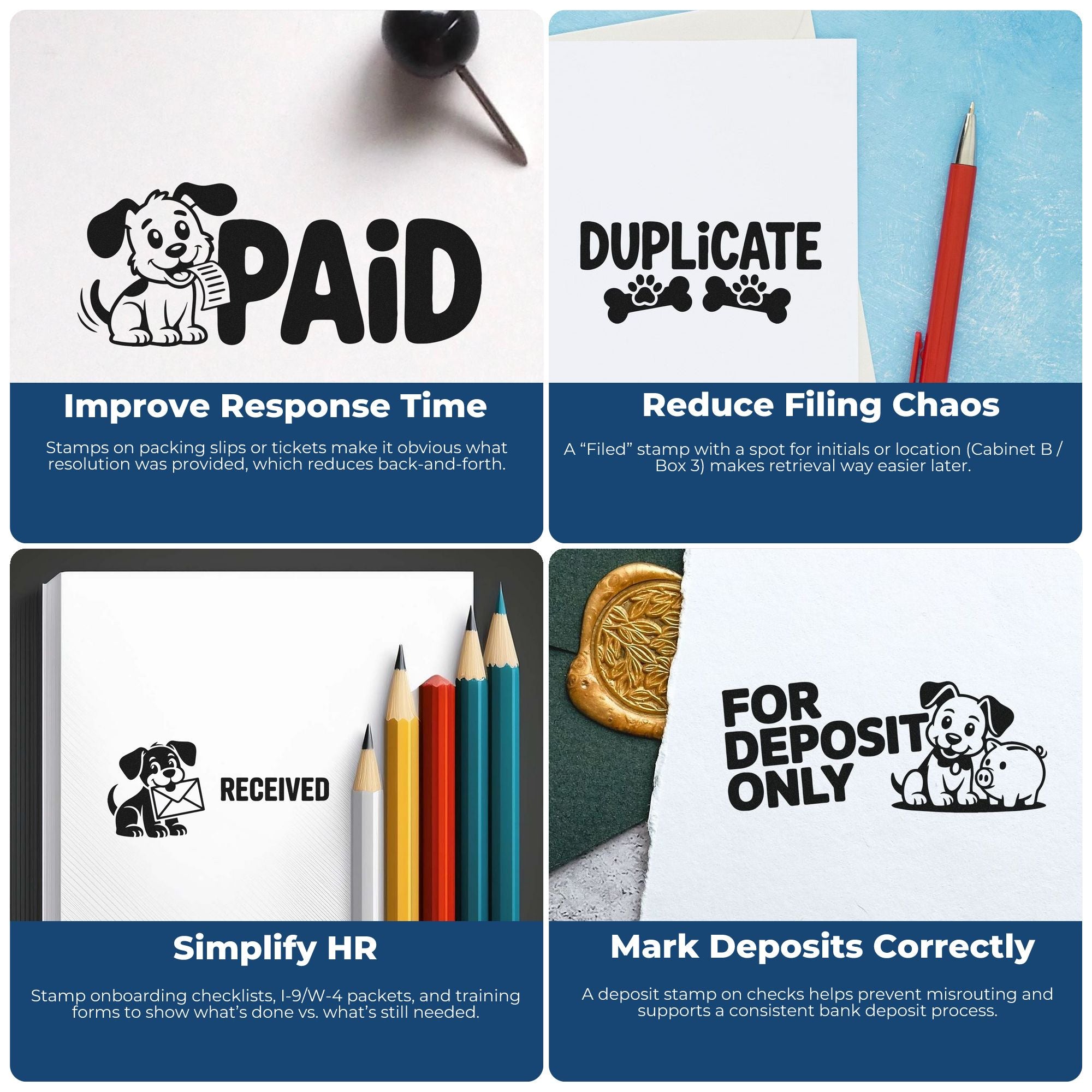 Custom stamp and seal products on white paper: black PAID, DUPLICATE, RECEIVED, and FOR DEPOSIT ONLY designs.