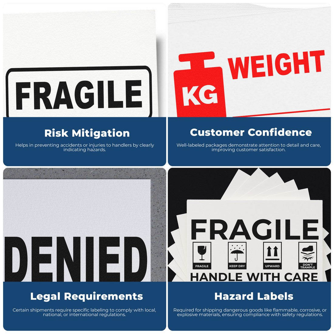 Self-Inking Fragile Handle With Care Shipping Stamp in use, highlighting risk mitigation, customer confidence, legal requirements, and hazard labels for safe package handling.