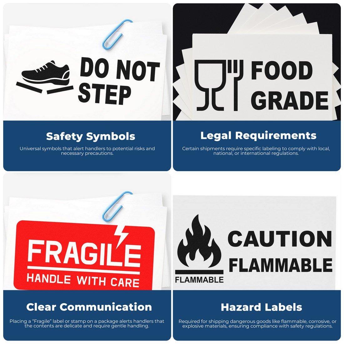 Self-Inking Certified Food Grade Stamp in use, showcasing safety symbols, legal requirements, clear communication, and hazard labels for effective packaging and compliance.