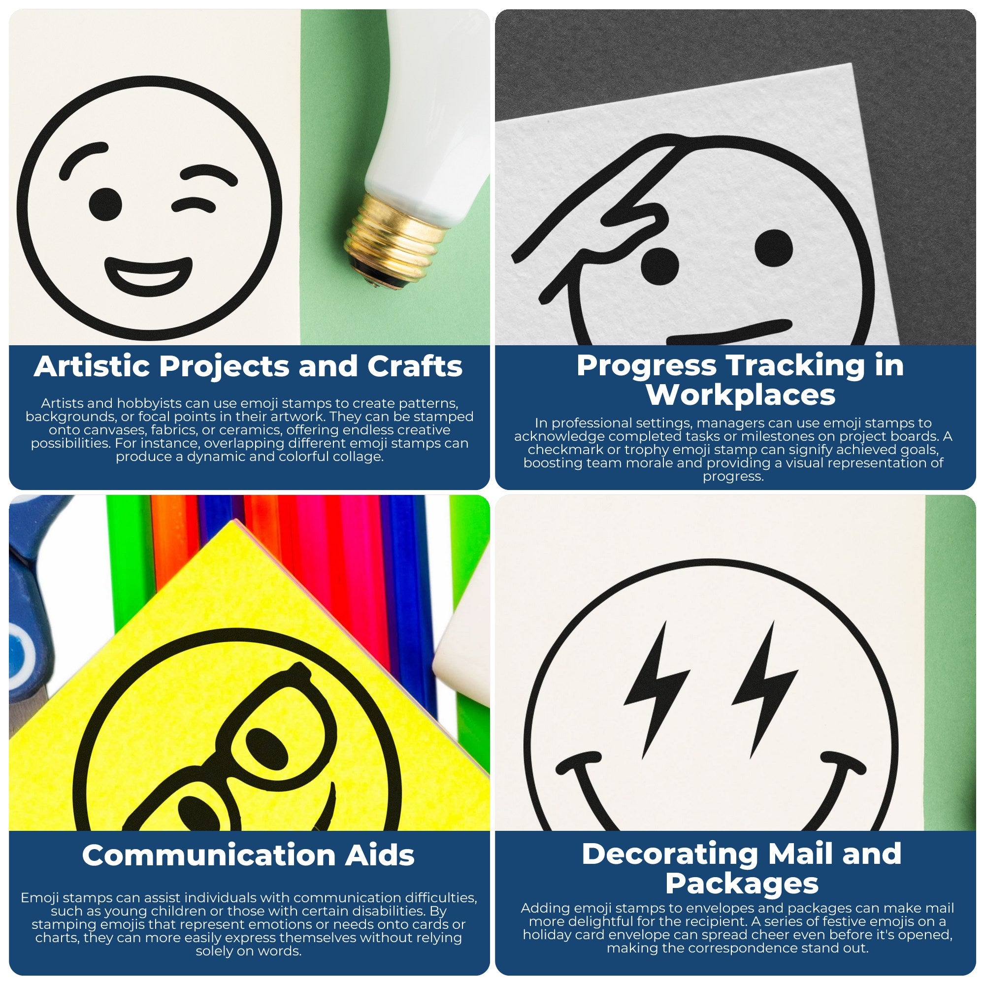 Image featuring the Self-Inking Tearful Timmy Facial Expressions Stamp, showcasing various uses in artistic projects, workplace progress tracking, communication aids, and mail decoration.