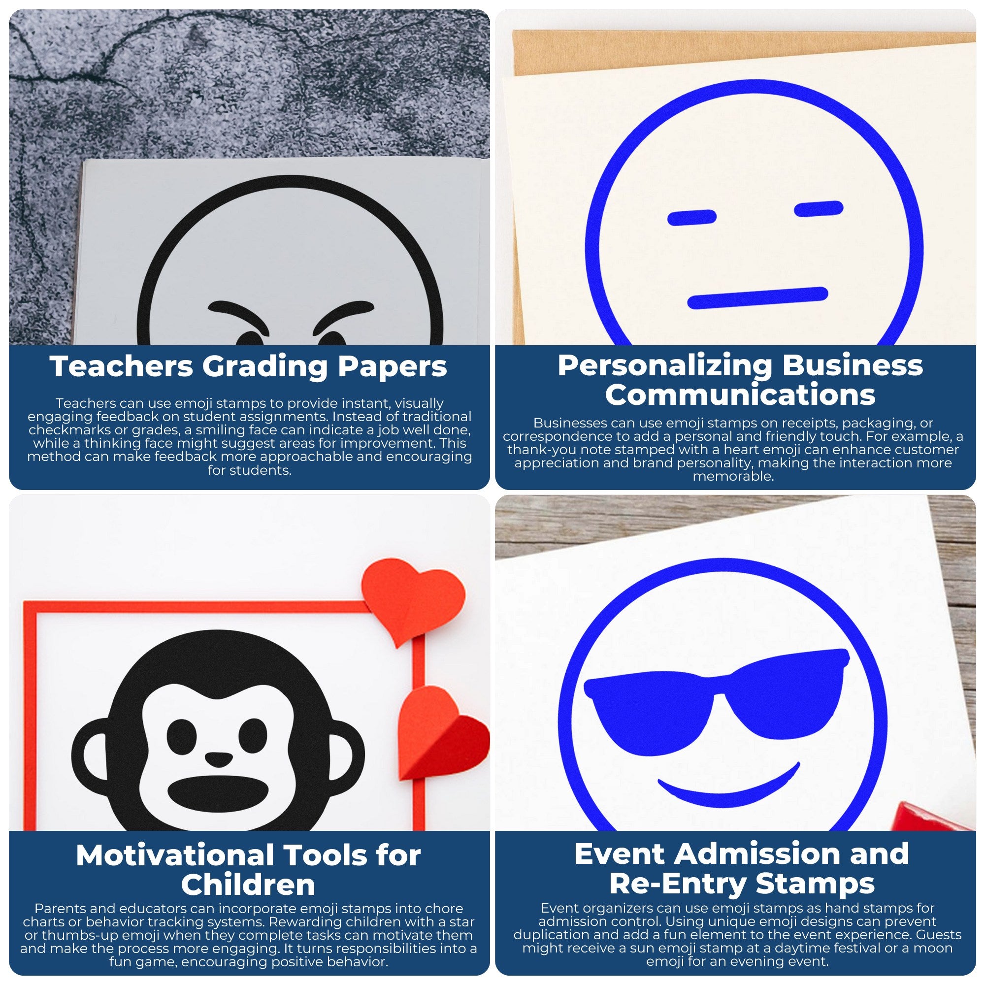 Self-Inking Queasy Quincy Pictogram Stamp featuring a blue emoji design, ideal for teachers, business communications, motivational tools, and event admissions. Versatile and fun.