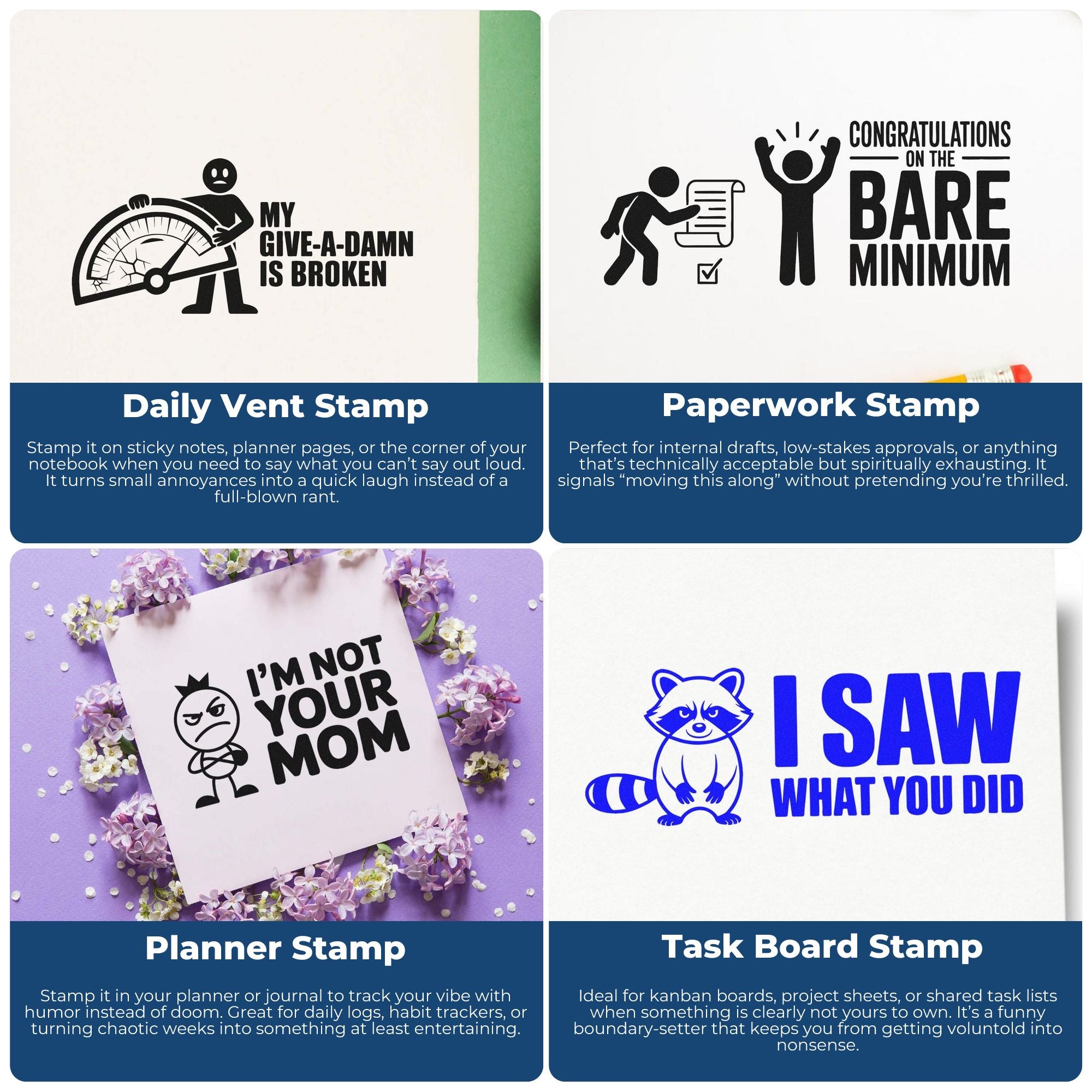 Collage of humorous stamp and seal designs in black and blue on white backgrounds, with purple flowers and green accents.
