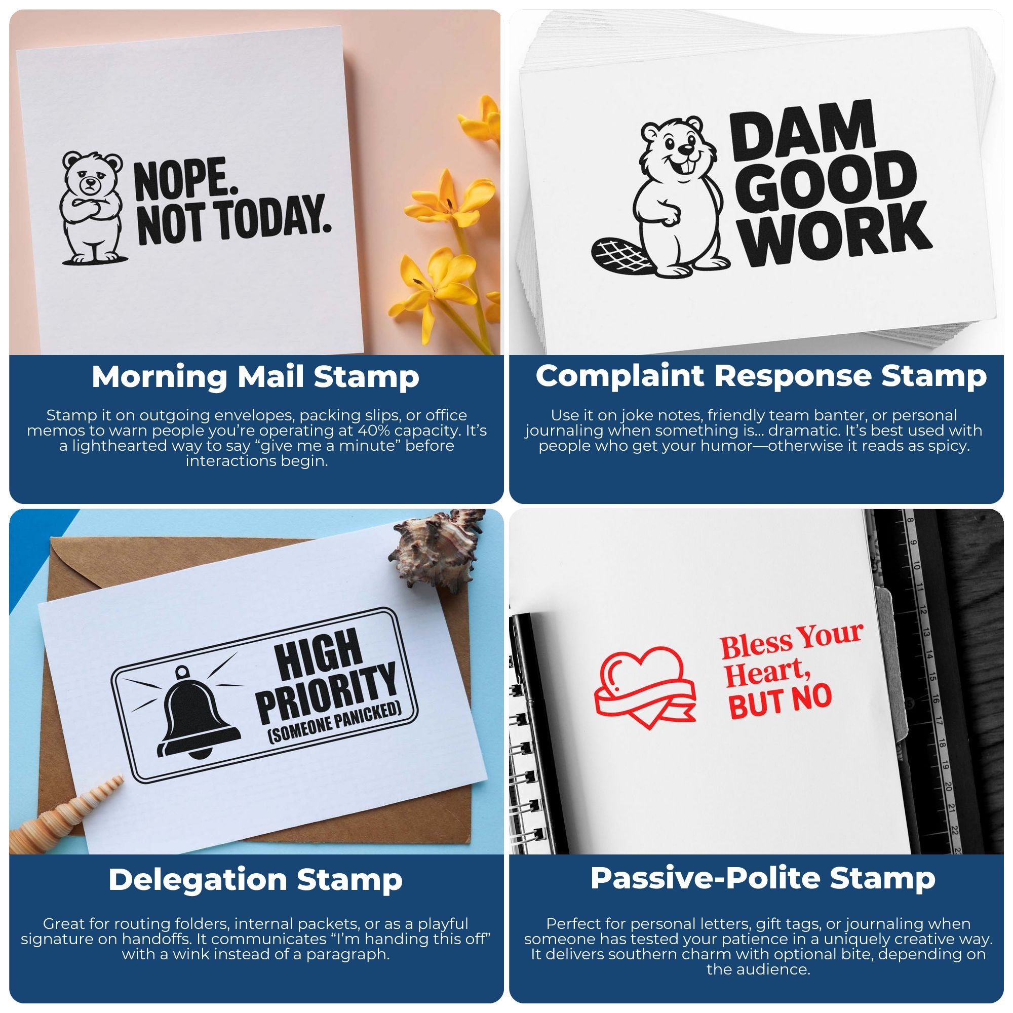 Collage of custom stamp and seal products with bear designs, bold black and red sayings, on white paper