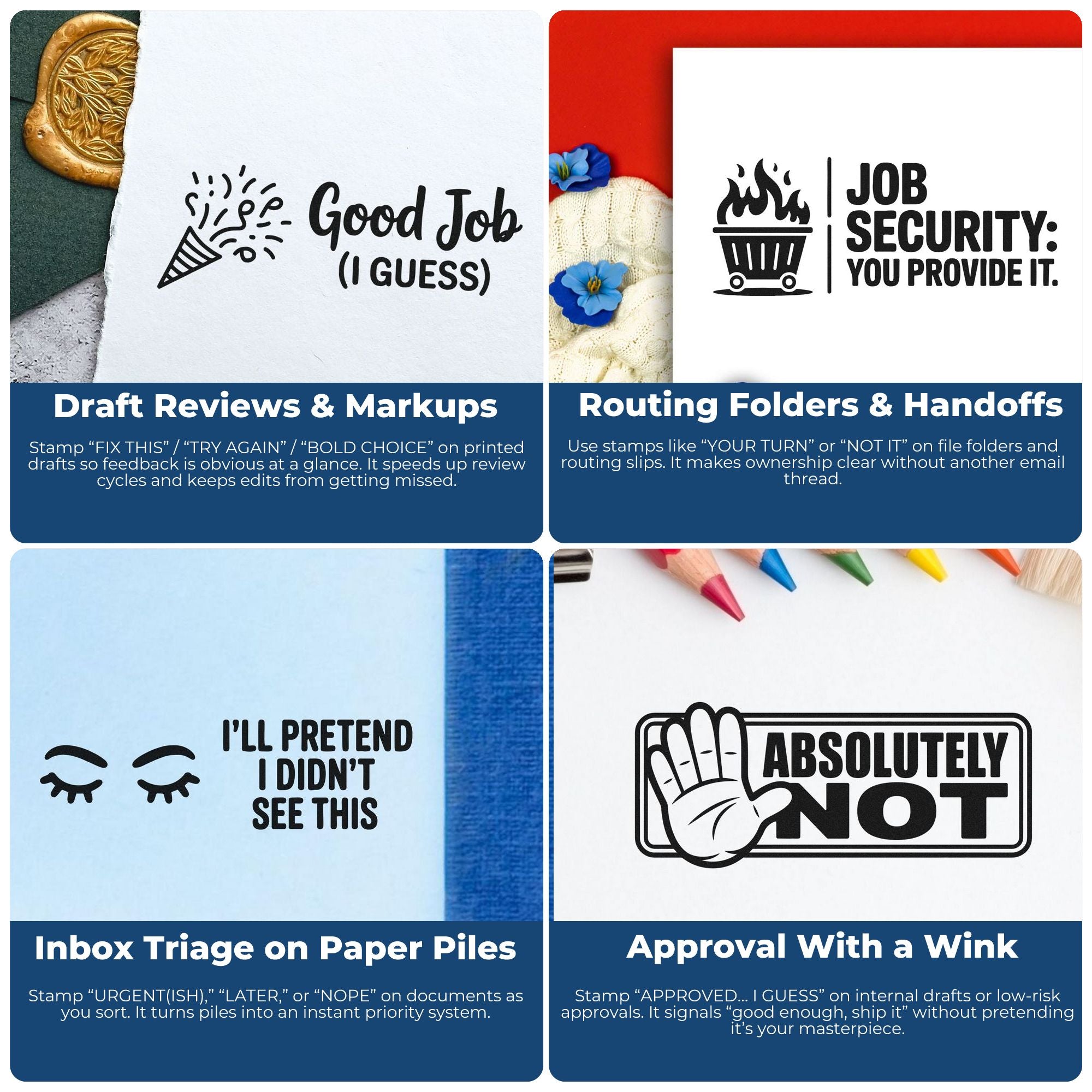 Assorted black office stamp and seal designs on white paper with blue and red backgrounds, featuring approval and feedback phrases.