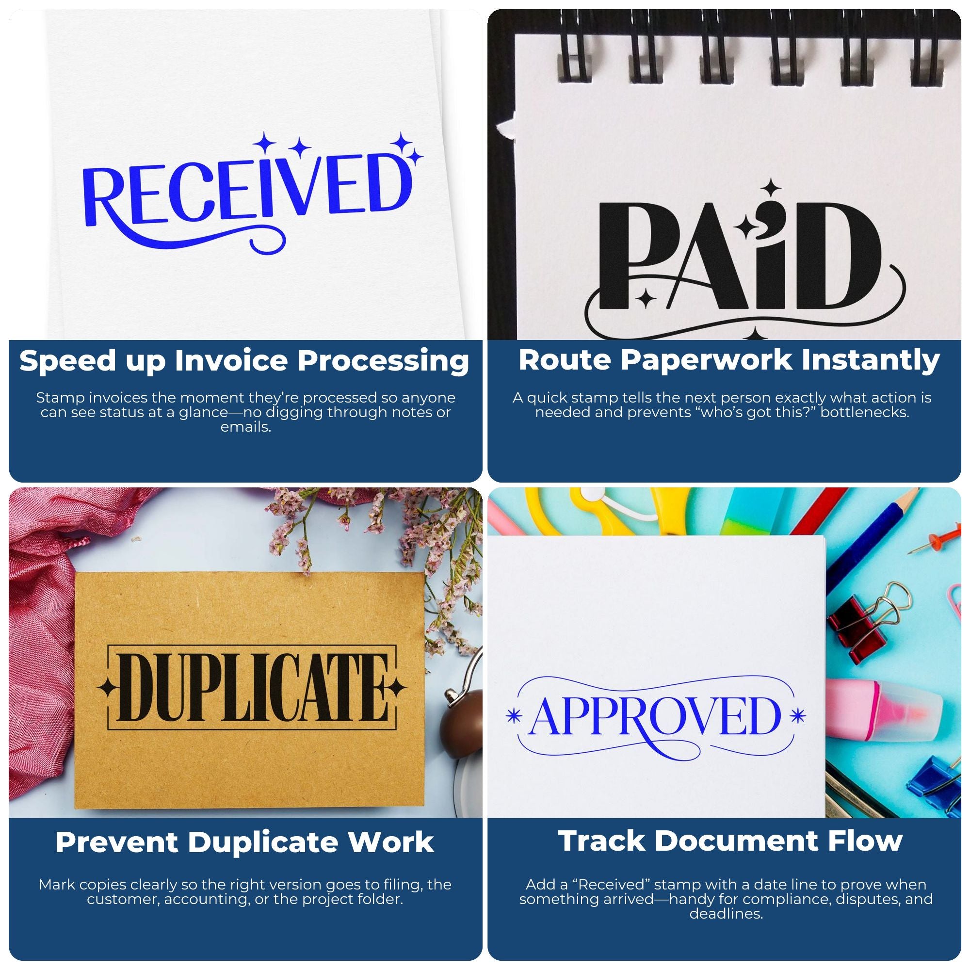 Stamp and seal product collage with blue Received, black Paid, gold Duplicate, and blue Approved document stamps.