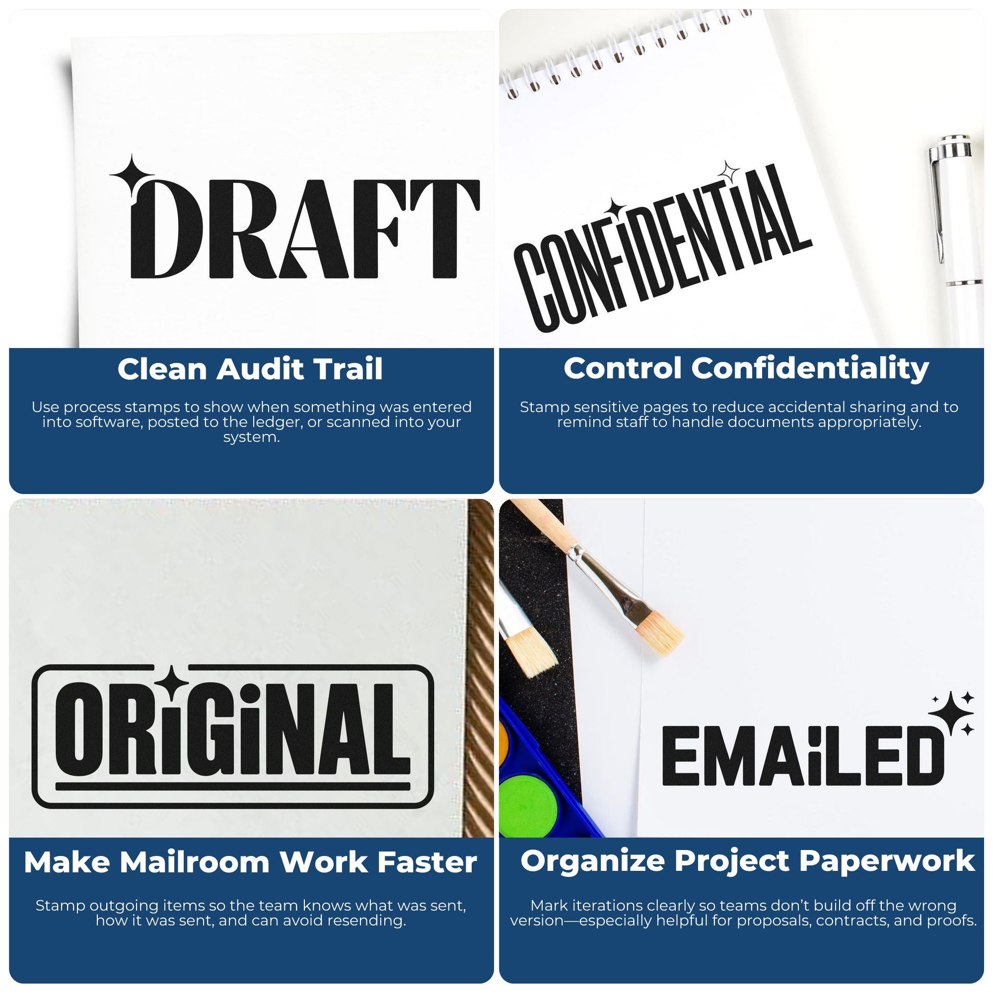 Collage of black stamp and seal product impressions reading Draft, Confidential, Original, and Emailed on white pages with blue panels.